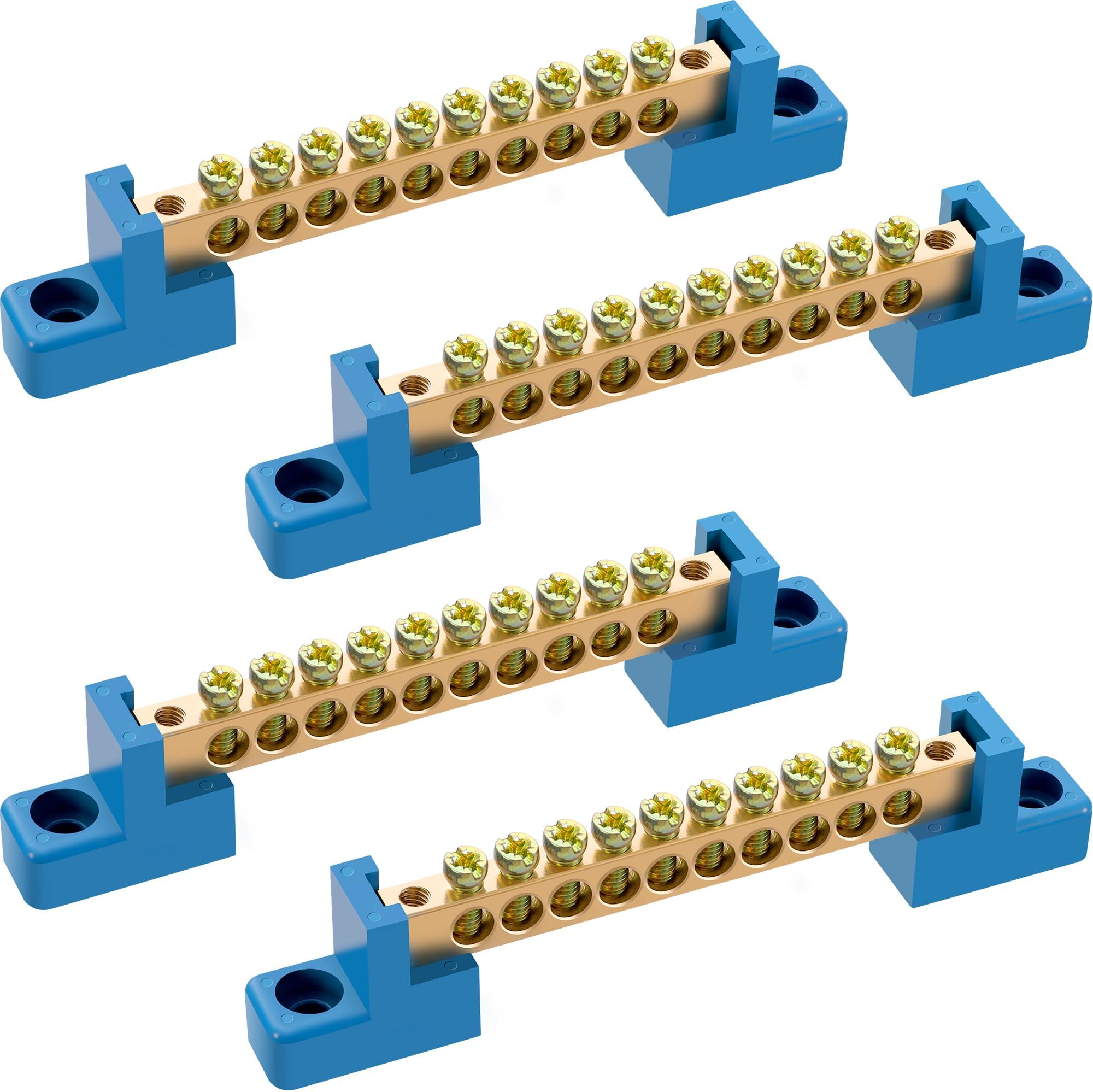 4 Pack 10 Position Neutral Bus Bar Terminal Block, Blue Insulated Electrical Bus Bar with Screws for Distribution and Breaker Boxes