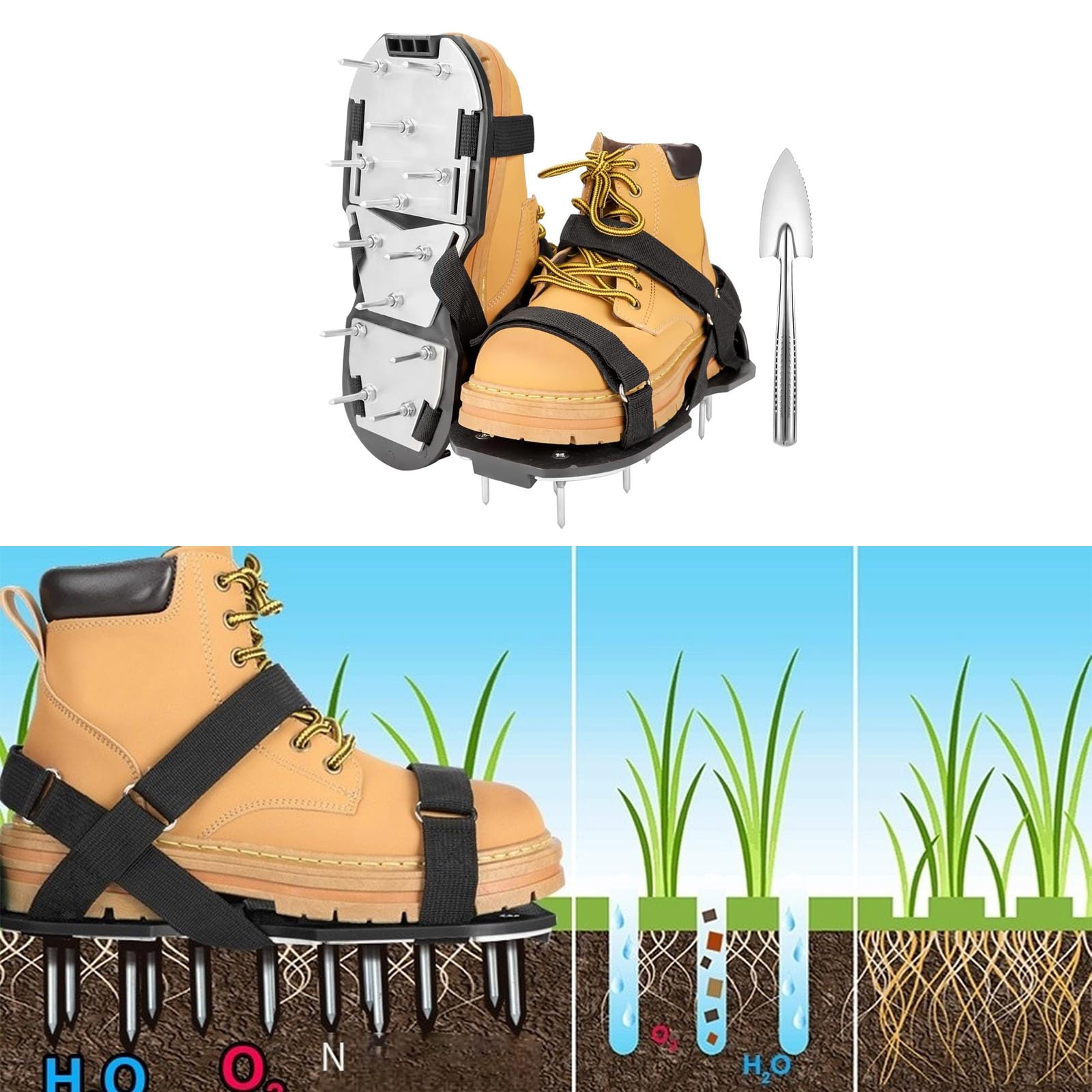 Aérateur de pelouse ergonomique et pelle pour l'aération du sol, la maison, le jardin ou la ferme, chaussures en métal