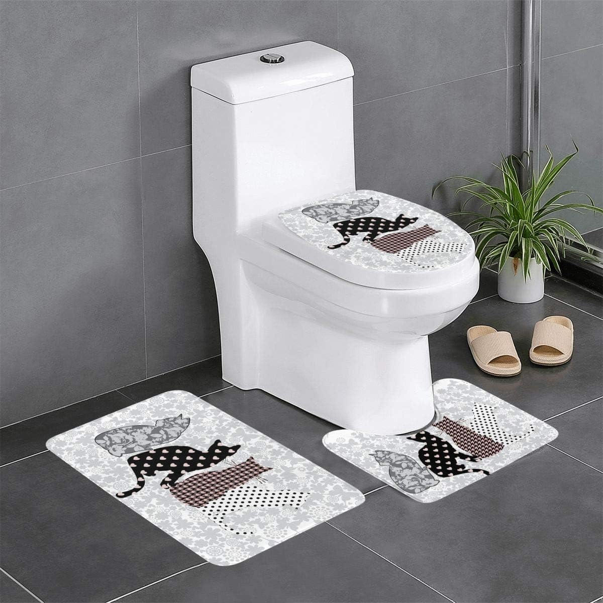 Dadabuliu バスマット トイレマット 3点 セット タンクカバー ネコ 猫柄 蝶 ハート まだら 個性 お風呂マット 足ふきマット トイレカバー トイレセット マイクロファイバー 浴室 大判 おしゃれ 吸水性優れ 滑り止め 快適 かわいい 格安販売の