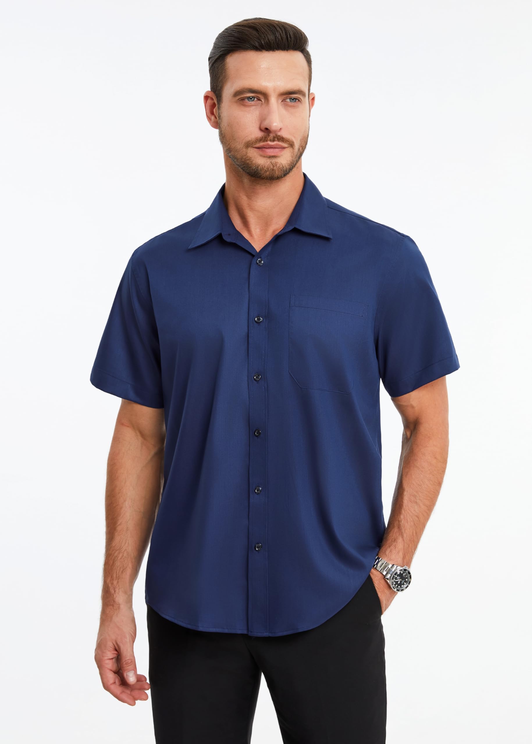 HISDERN Camicia Maniche Corte Uomo Camicia Uomo Estiva in Fibra di bambù Camicie Regular Business con Bottoni e Tasche