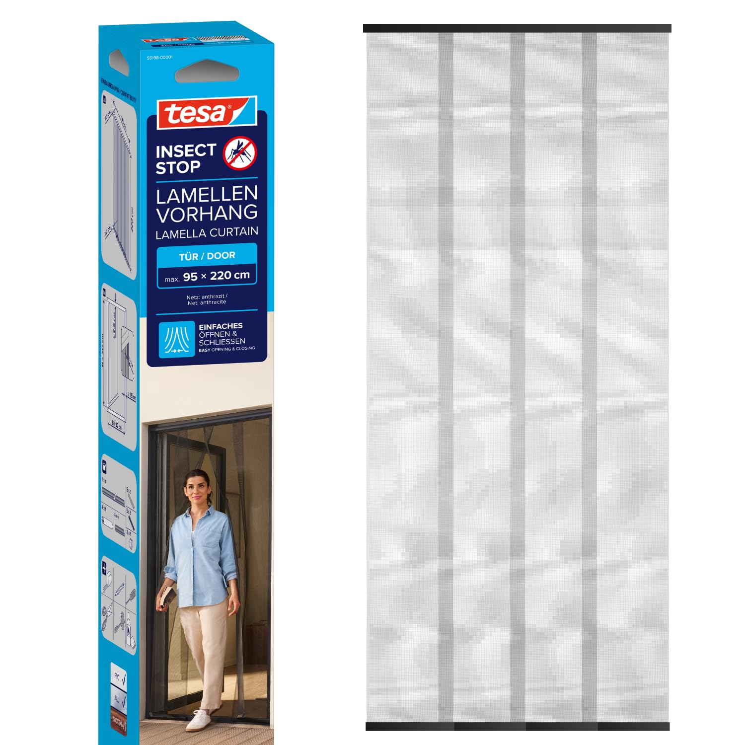 tesa Insect Stop Lamellentür STANDARD – 4‑teiliger Fliegengitter-Vorhang für Türen, anthrazit, 95 × 220 cm, ohne Bohren, Klettverschluss
