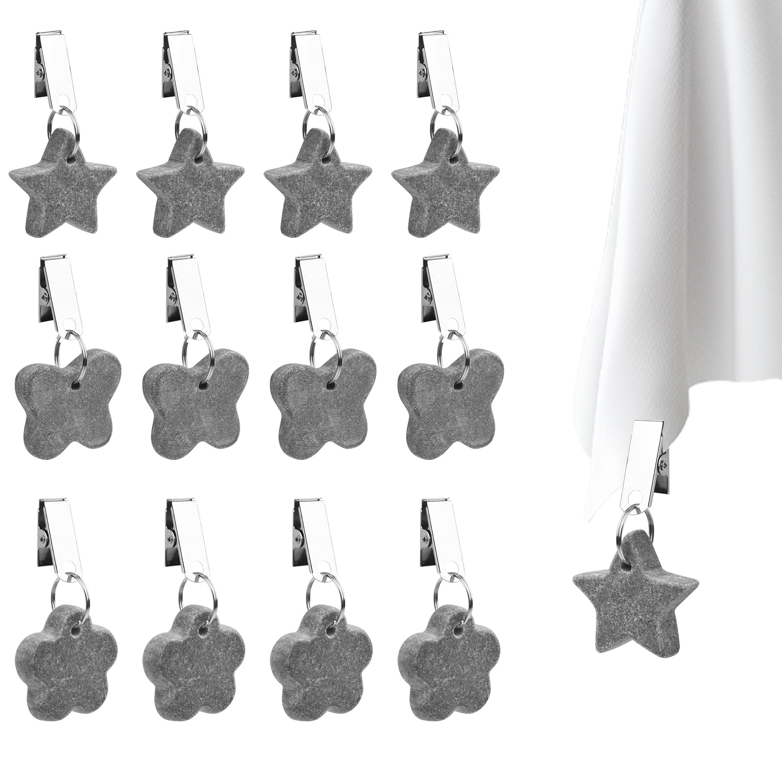 Table Cloth Weights for Outside - 12Pcs Tablecloth Weights, Tablecloth Weights Metal Clip, 3 Shapes Gray Marble Tablecloth Pendants, Table Weights Clips for Family Party Camping Wedding Garden Picnic