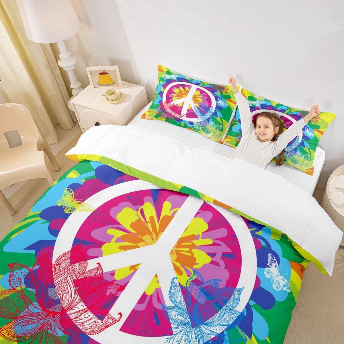 Feelyou Boho Hippie Psychedelic Flowers Duvet Cover Set Queen Size Colorful Peace Sign Bedding Set for Boys Girls Decorative Rainbow Tie Dye Comforter Cover with 2 Pillow Shams, 3Pcs, Zipper
