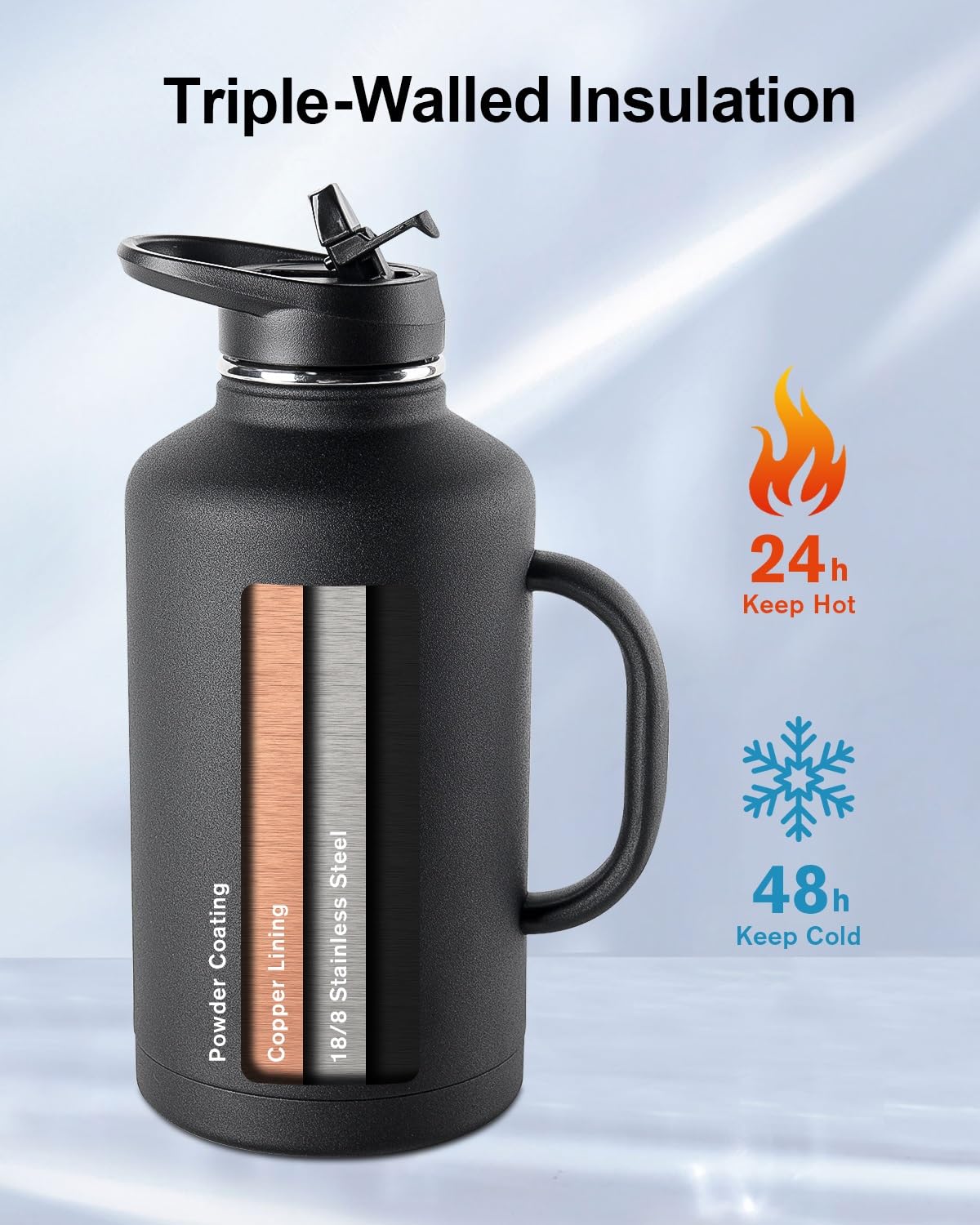 Trebo - Borraccia termica da 1,9 l con manico, in acciaio inox, grande brocca da viaggio, con beccuccio a cannuccia, ampia apertura, con tasca portatile, mantiene le bevande calde e fredde, nera