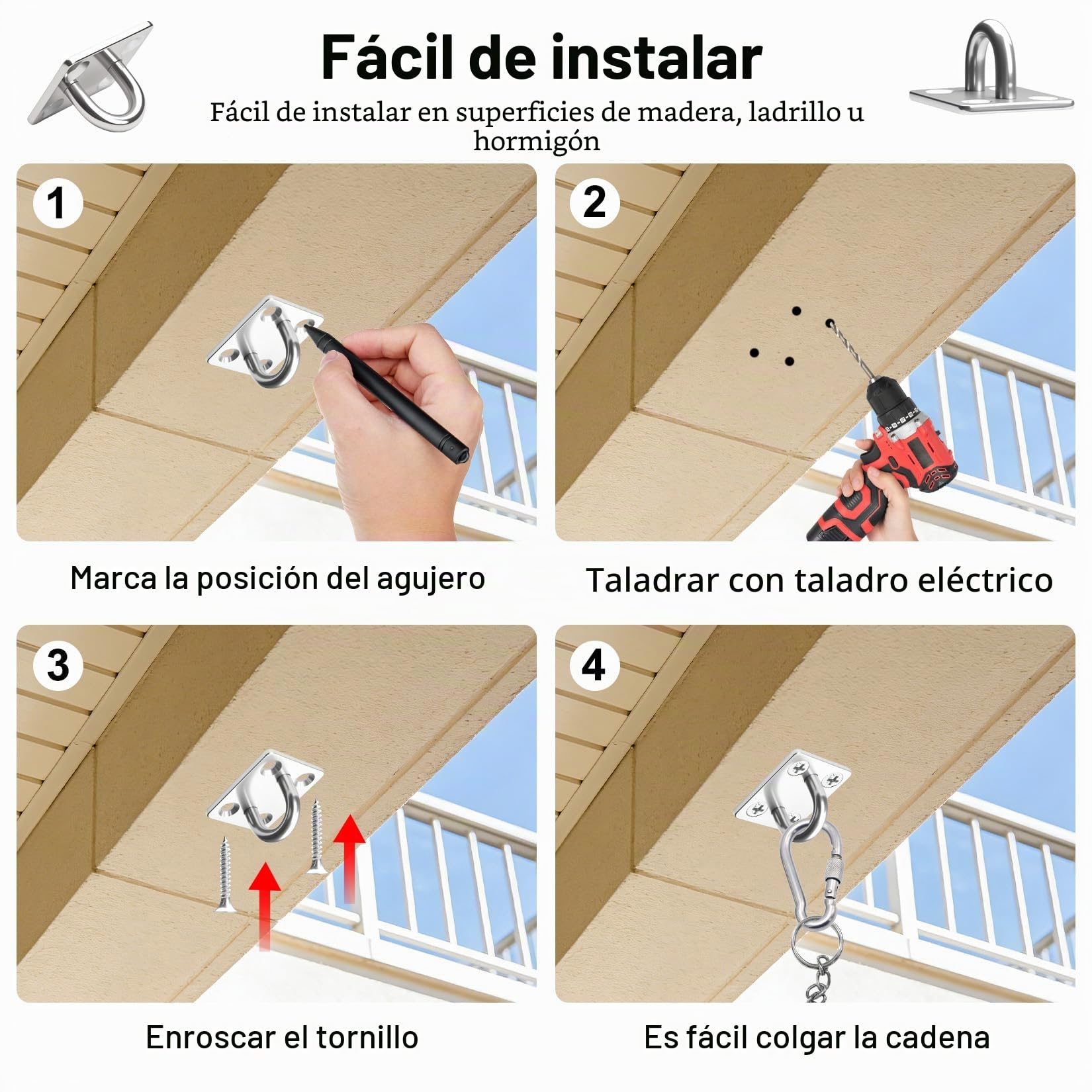 6 Pcs Placa de Ojo de Acero Inoxidable, M5 Ganchos de Techo, Placas de Ojo, Ojales de Pared para Fijación de Toldo Gancho de Techo Pared para Colgar Columpio Yoga Saco de Boxeo Yoga Hamaca Hardware
