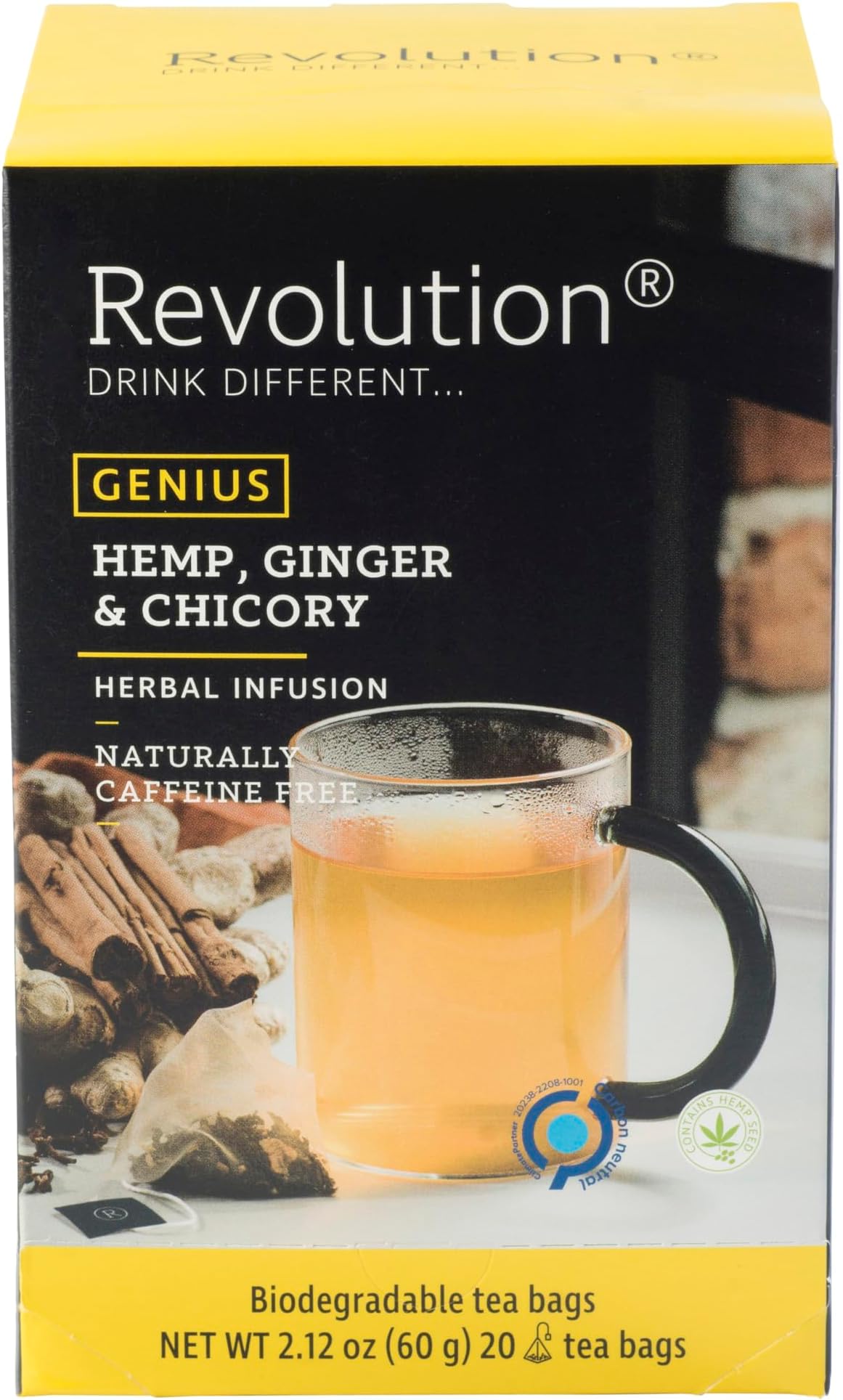 Revolution Tea GENIUS Hemp, Ginger & Chicory Hemp Tea - Energizing Blend with a Kick