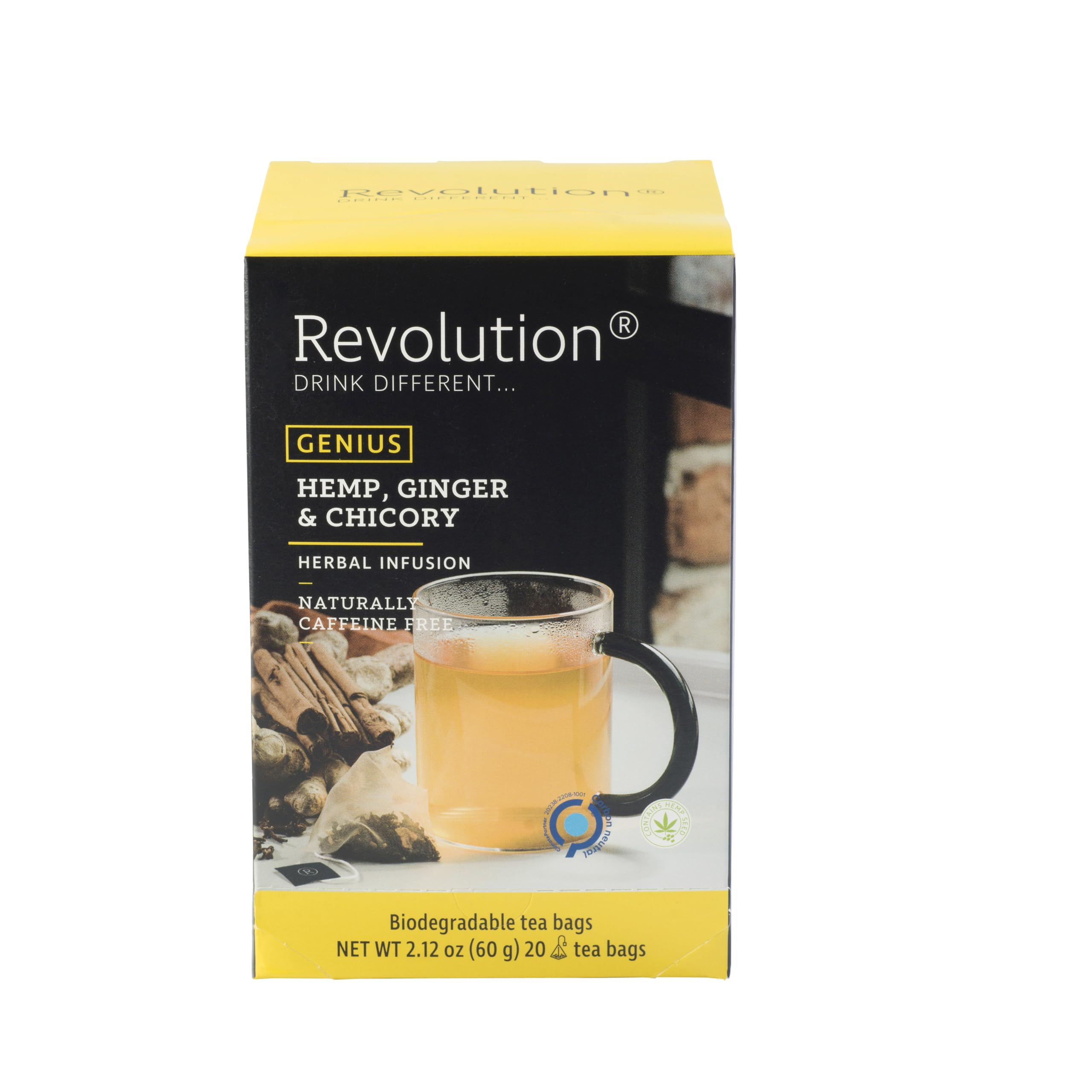 Revolution Tea GENIUS Hemp, Ginger & Chicory Hemp Tea - Energizing Blend with a Kick