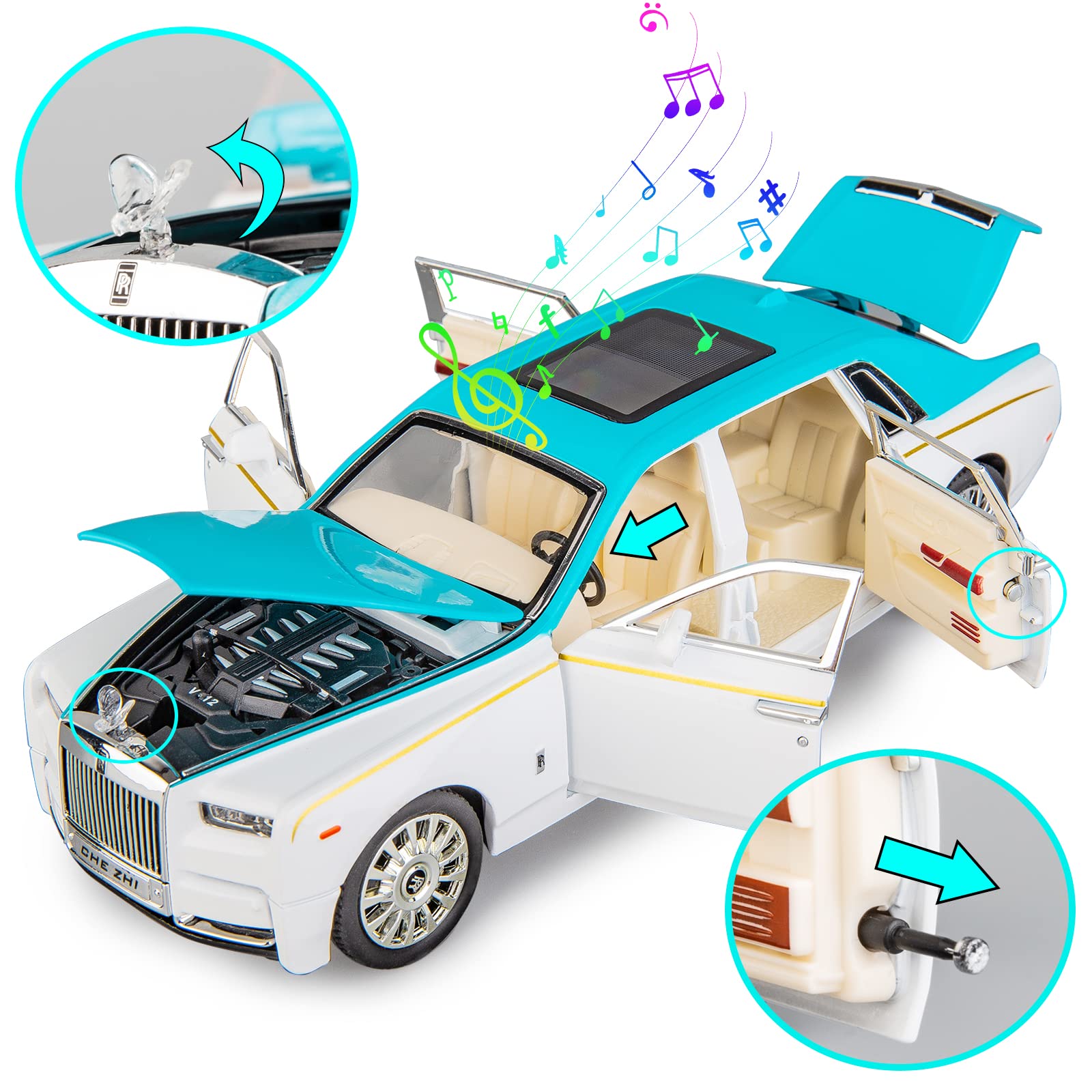 TGRCM-CZ Rolls-Royce - Modellino di auto in lega di zinco, in lega di zinco, modellino auto giocattolo pressofuso con suono e luce, per bambini, ragazzo e ragazza, regalo (blu)