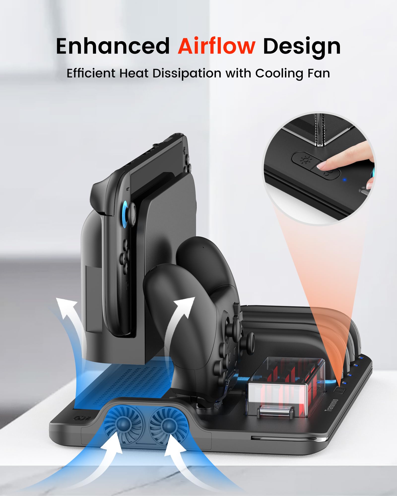 Transnovo Base de Carga para Switch 2 Consola Accesorios, Joycon & Mando Pro, Cargador Mando Switch 2 con Ventiladores, 9 Ranuras para Cartas, LED & 9 Modos RGB, Protección Inteligente