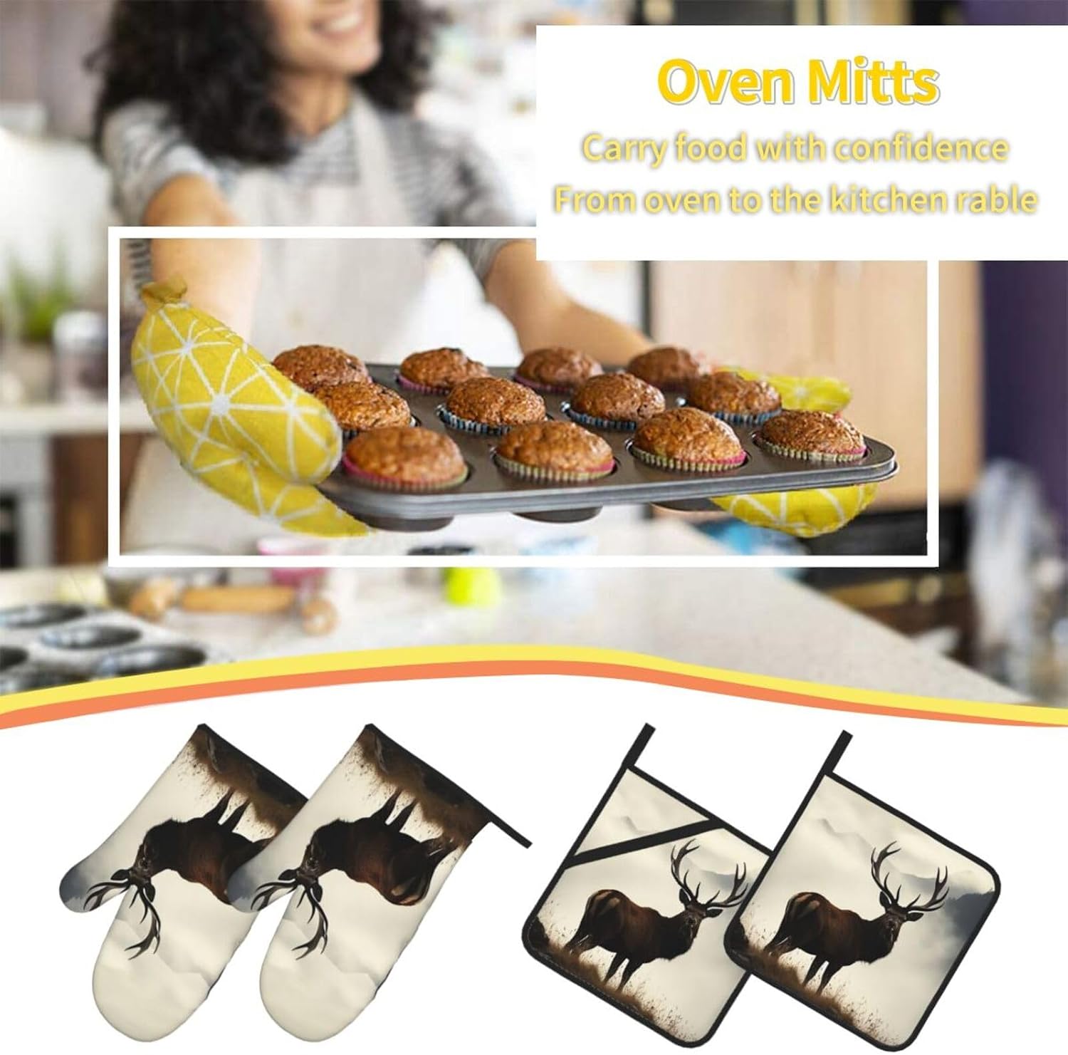 Oven Mitts and Pot Holders 4 pcs Set Heat Resistant Oven Glove Deer on The Foggy Mountain Potholders Oven Gloves for Cooking Non-Slip Silicone Oven Mittens Hot Pad for Baking BBQ