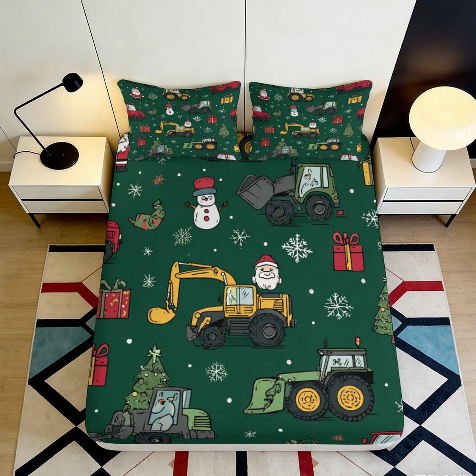 3D Printed Christmas Digger Fitted Sheet Microfiber Deep Pocket Non-Slip for Adults Bedroom Christmas Digger Mattress Fitted Cover Washable 140x200x25cm