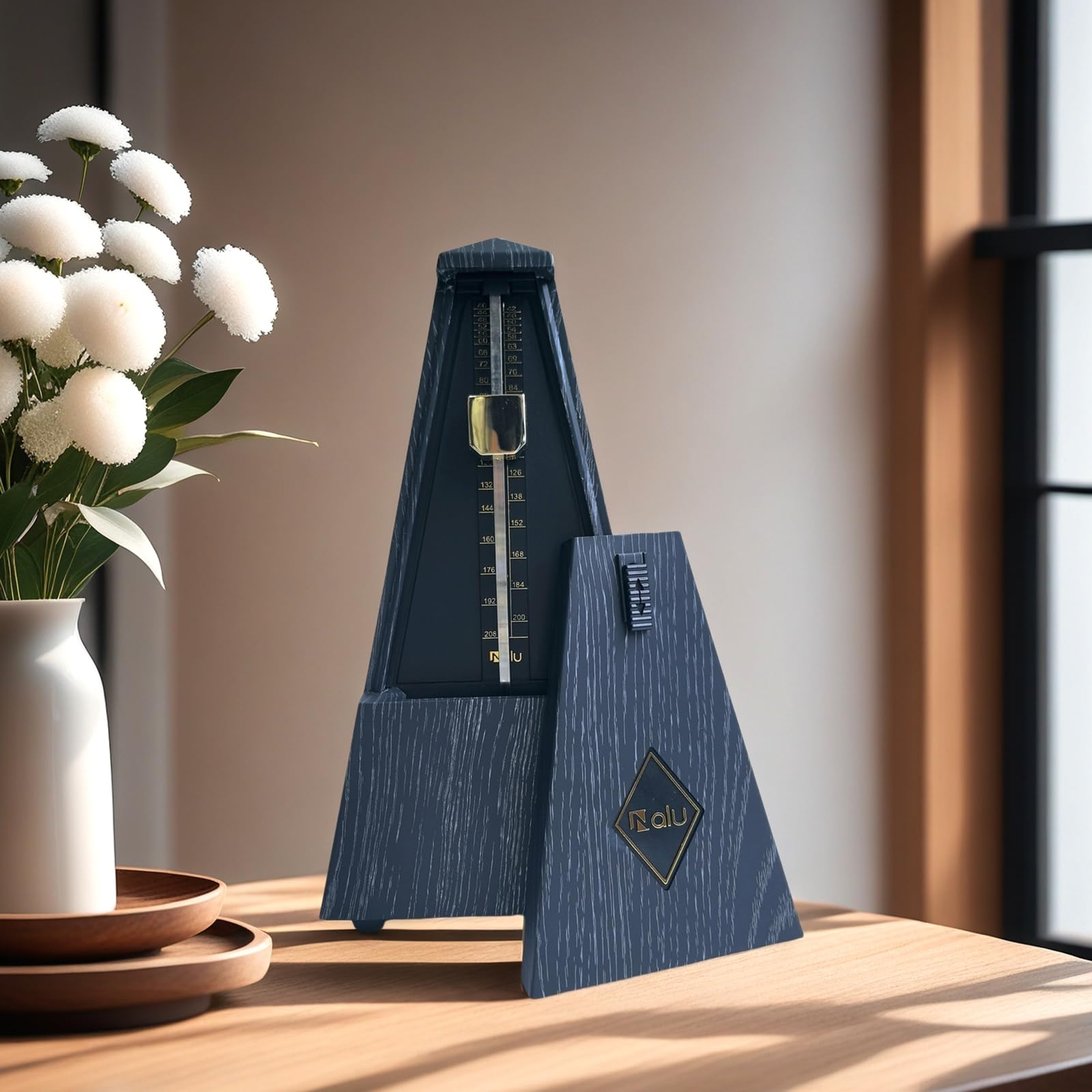 NALU Metrónomo - Diseño mecánico clásico de cuerda con campana para piano, guitarra, violín y todos los instrumentos (grano de madera en T, negro)