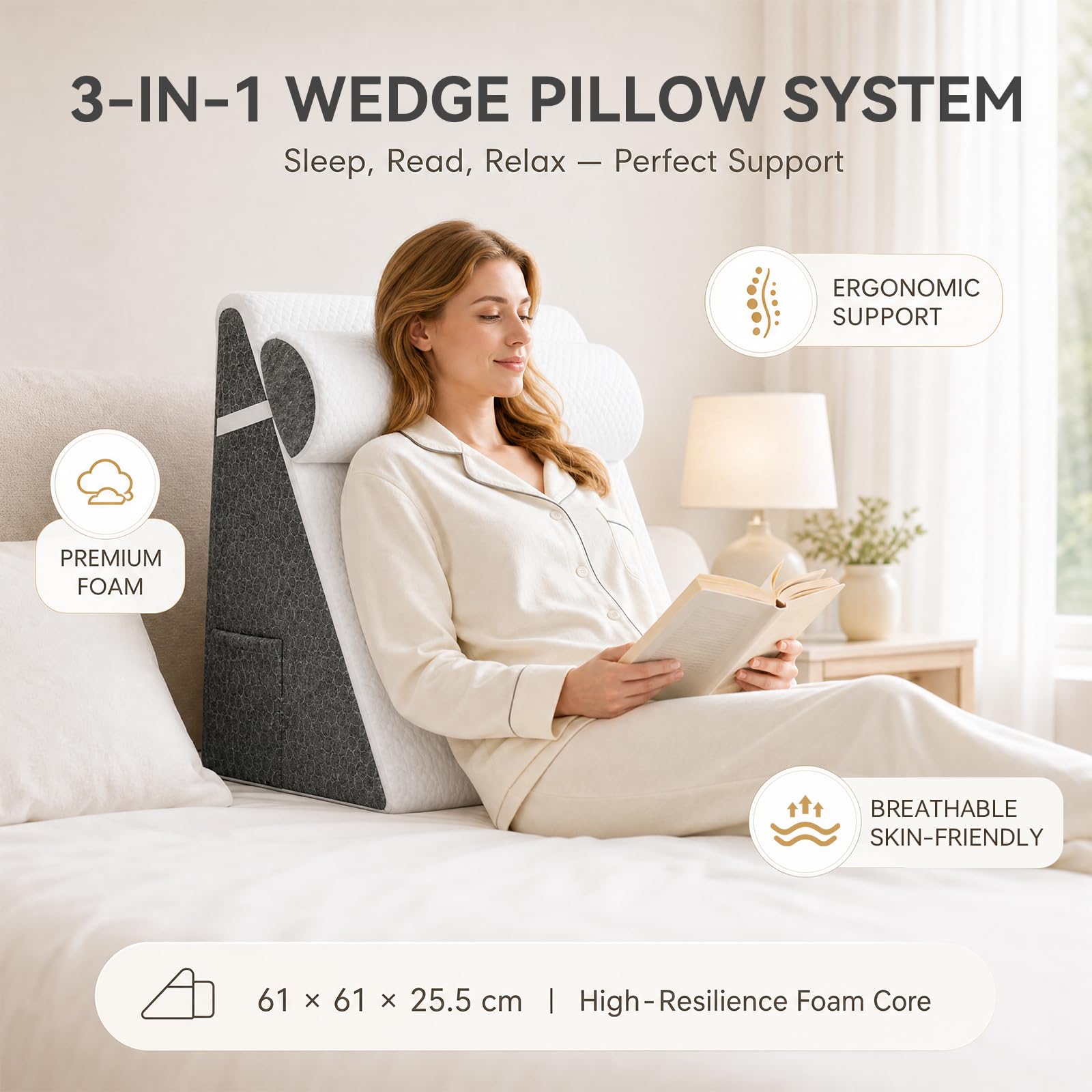 Cuña ortopédica 3 en 1, Alta Elasticidad, 61 x 61 x 25,5 cm | Funda de algodón lavable gris y blanco, espuma, antideslizante, ideal para dormir, leer, elevar las piernas