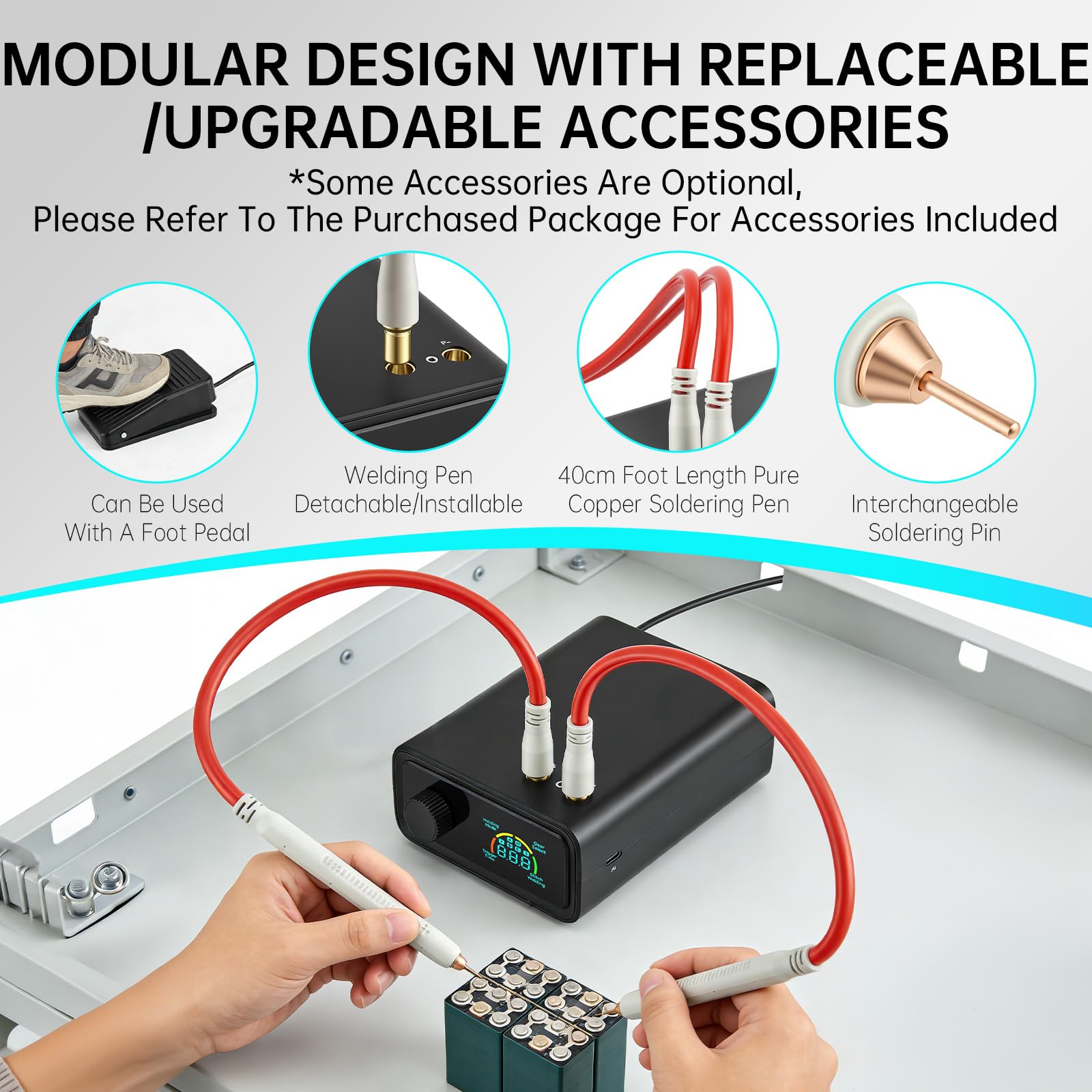 Soudeuse par Point sans Fil 11340 W, Poste à Souder avec Écran LCD, Bouton Rotatif, Pédale et Stylet, pour Batteries 5000 mAh, Soudure 0,1-0,4 mm DIY