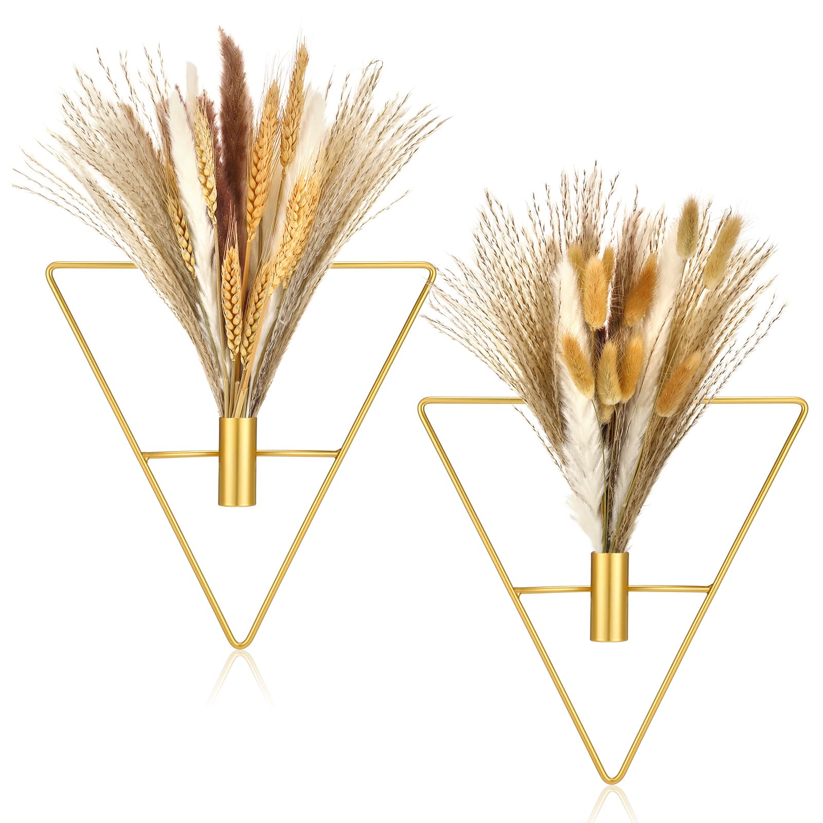 Peryiter2 Pcs Gold Wall Decor Boho Pampas Hanging Planters with Artificial Pampas Wall Mounted Metal Modern Home Decor Display Art Bedroom Bathroom Living Room(Triangle)
