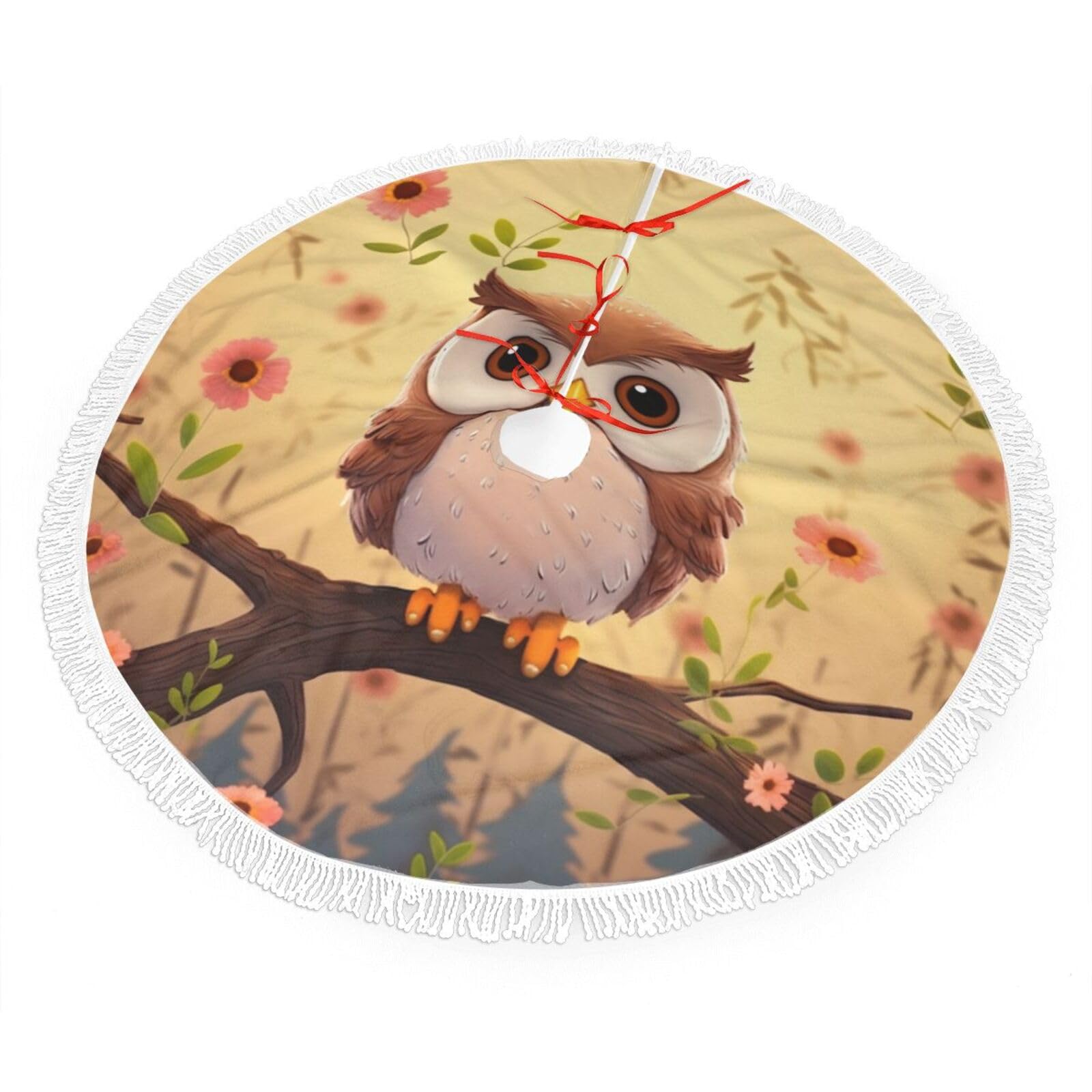 Cute owl Christmas Tree Skirt 48", Soft Plush Xmas Tree Carpet with Tassel Christmas Ornaments Winter Holiday Tree Mat Decoration for Home Party Supplies