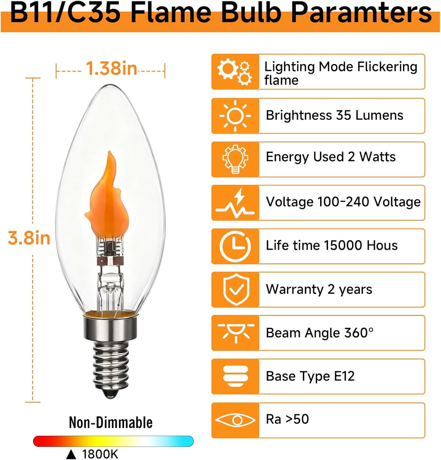 C35/B11 LED Flame Effect Light Bulb E12 Flickering Candle Light Bulbs for Holiday Gifts Home Hotel Bar Party Decoration Non-Dimmable 2pack