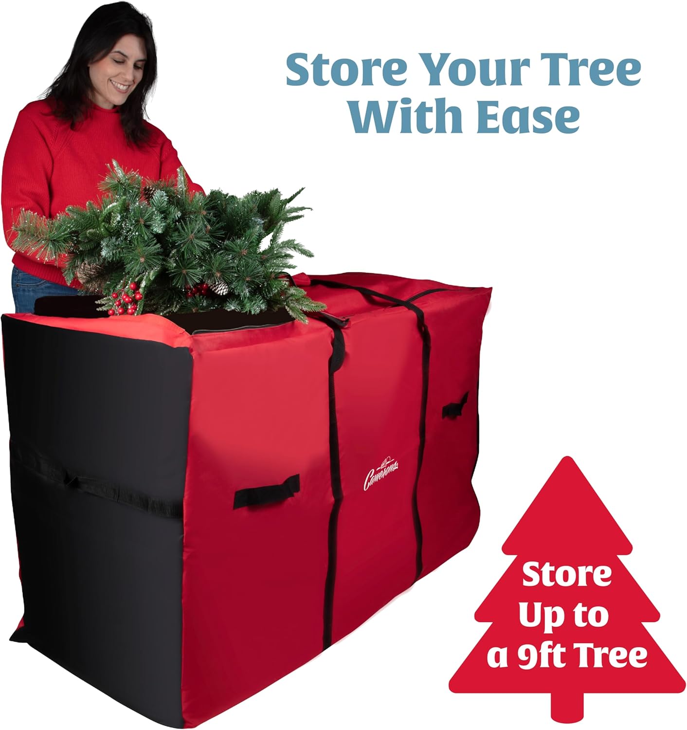 Camerons Christmas Tree Storage Bag - Rolling w Wheels, Fits up to 9 ft Tall Disassembled Artificial Holiday Trees - Heavy Duty 58"x24"x34" Storage Container w Durable Handles and Tight Zipper Closure