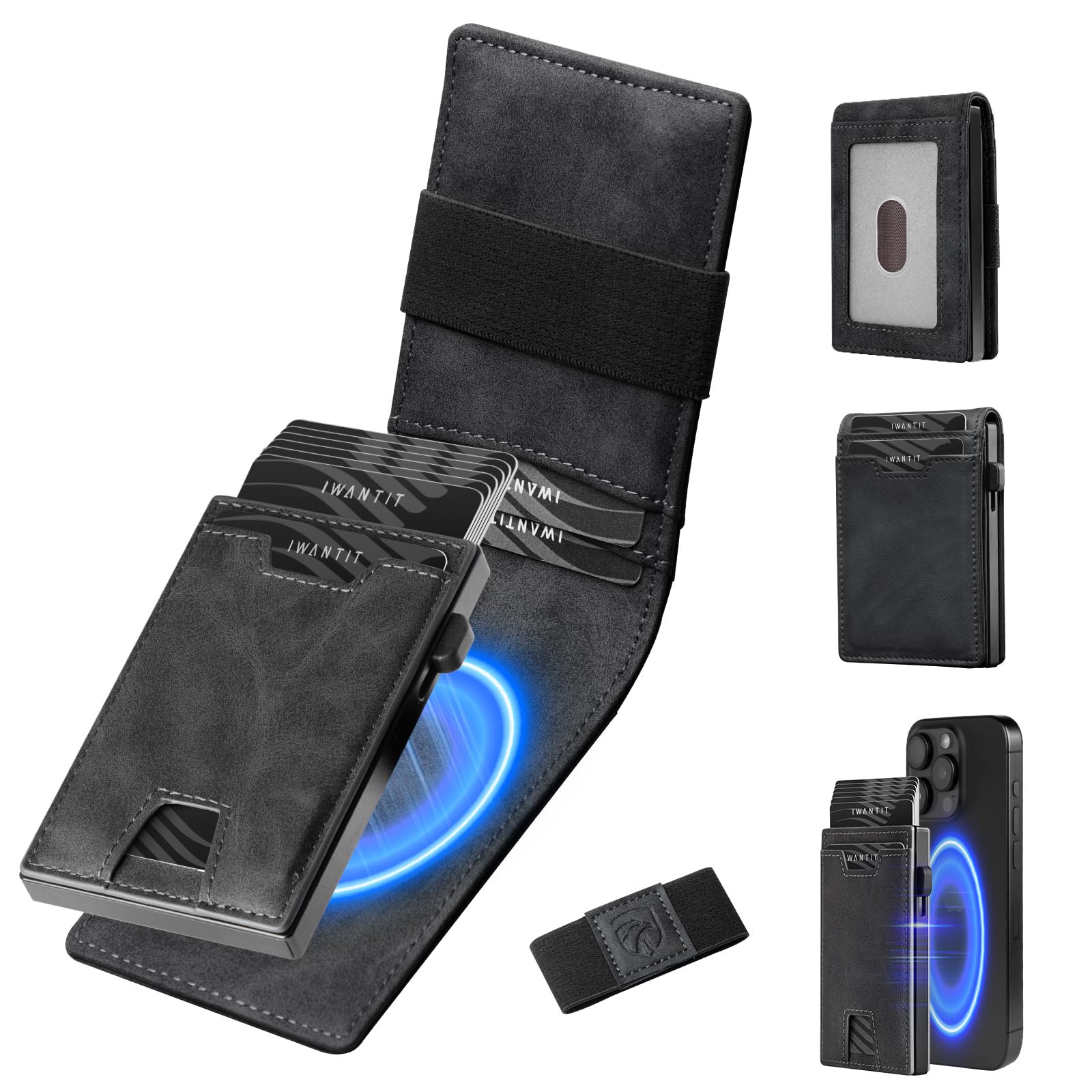 iwantit 3 in 1 Magsafe Wallet Men: Bifold Wallet + Magnetic Wallet for iPhone - Detachable Cash Strap, Smart Pop Up Card Holder, ID Window, Premium