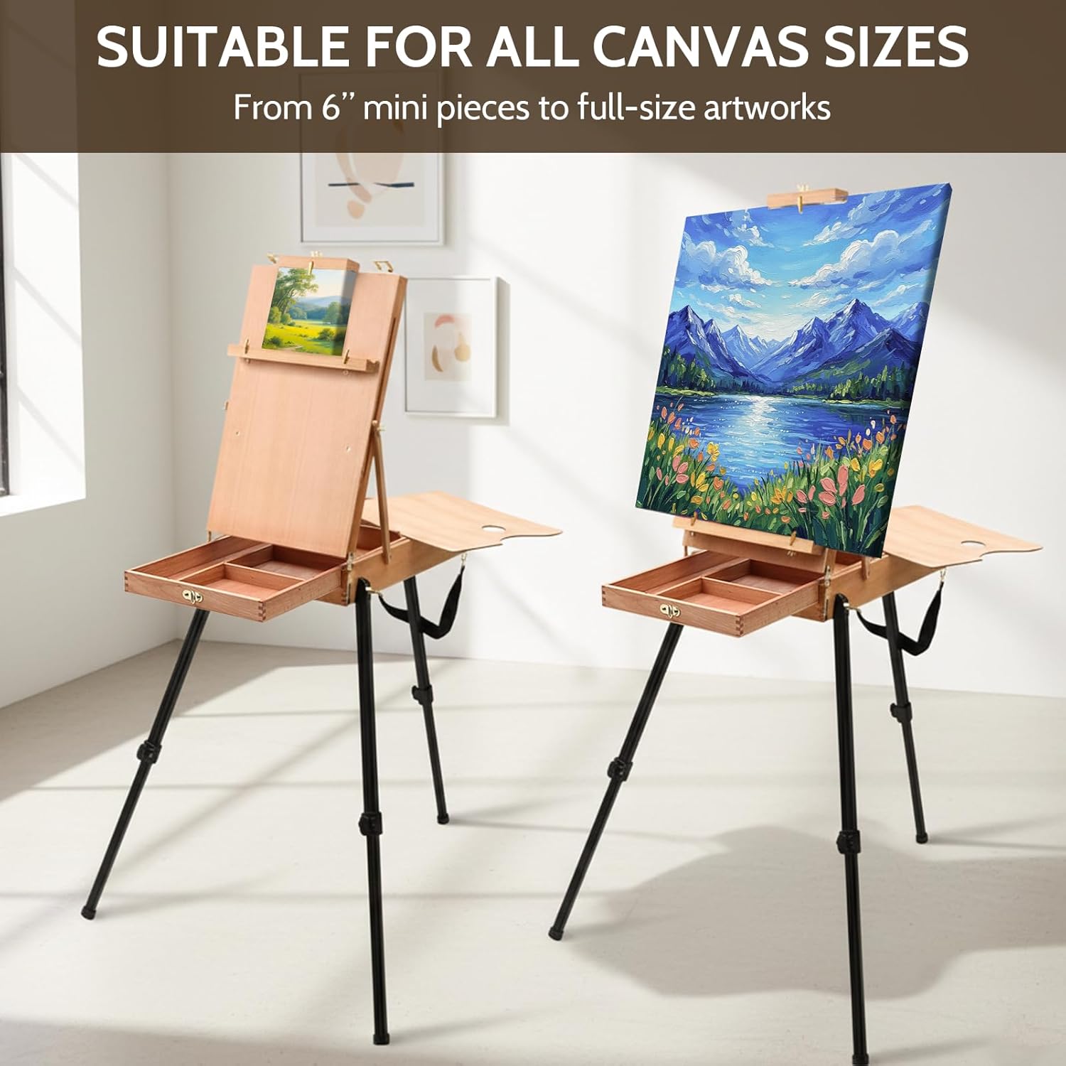 Falling in Art Light Weight French Style Field and Sketchebox Easel with Aluminum Tripod, Adjustable Beechwood Tripod Standing Easel with Drawer, Palette - Image 4
