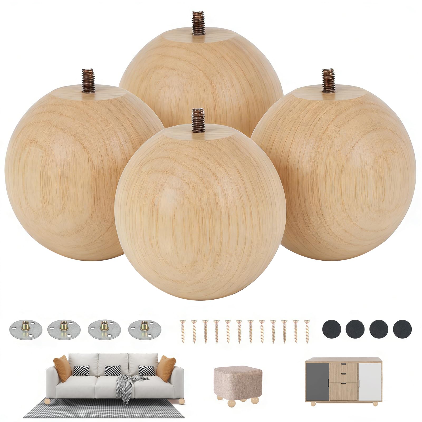Wooden Furniture Legs Set of 4, 11x10 cm Round Natural Sofa Huge Bun Feet