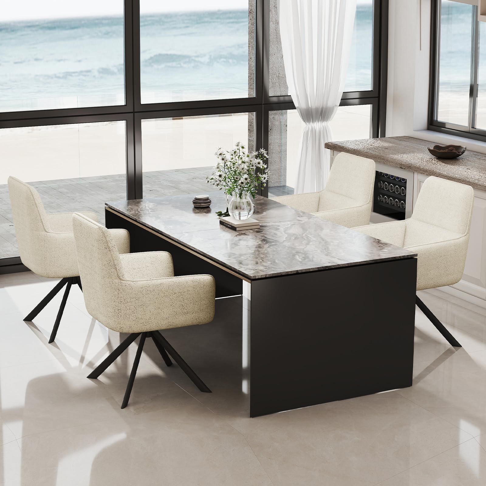 Esszimmerstühle Drehbar mit Armlehne 2er Set, 360°Drehbar Polsterstuhl Küchenstuhl aus Chenille, Stühle Esszimmer Schminkstuhl mit Metallbeine für Esszimmer Küche Schlafzimmer, Beige