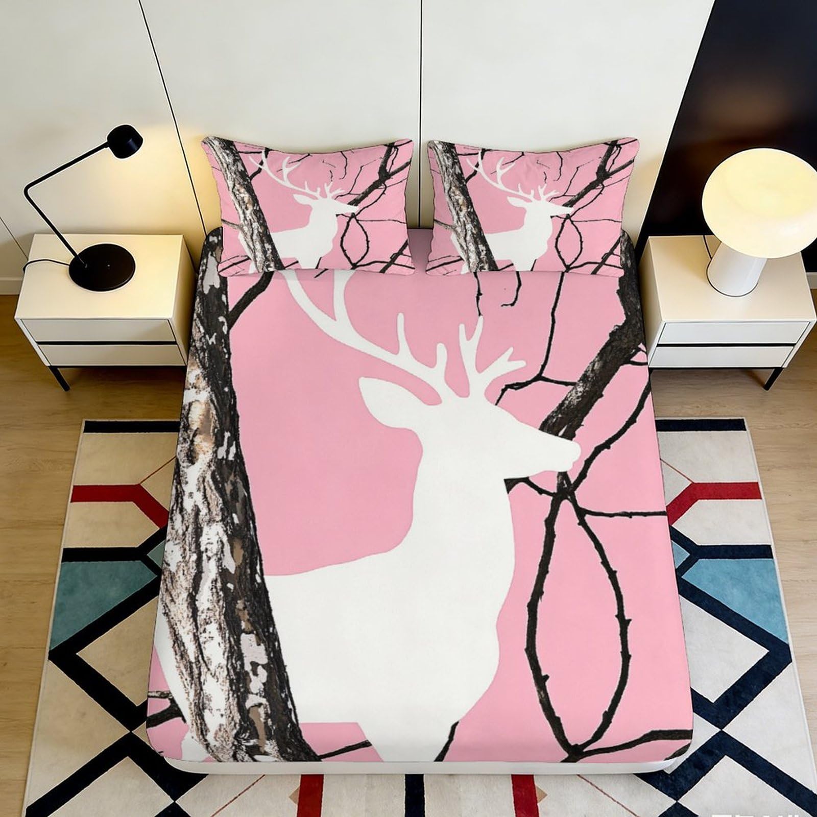 3D Printed Deer Branch Fitted Sheet Microfiber Deep Pocket Bedroom Bedding Deer Branch Mattress Fitted Cover Washable 200x200x25cm 90x200x25cm