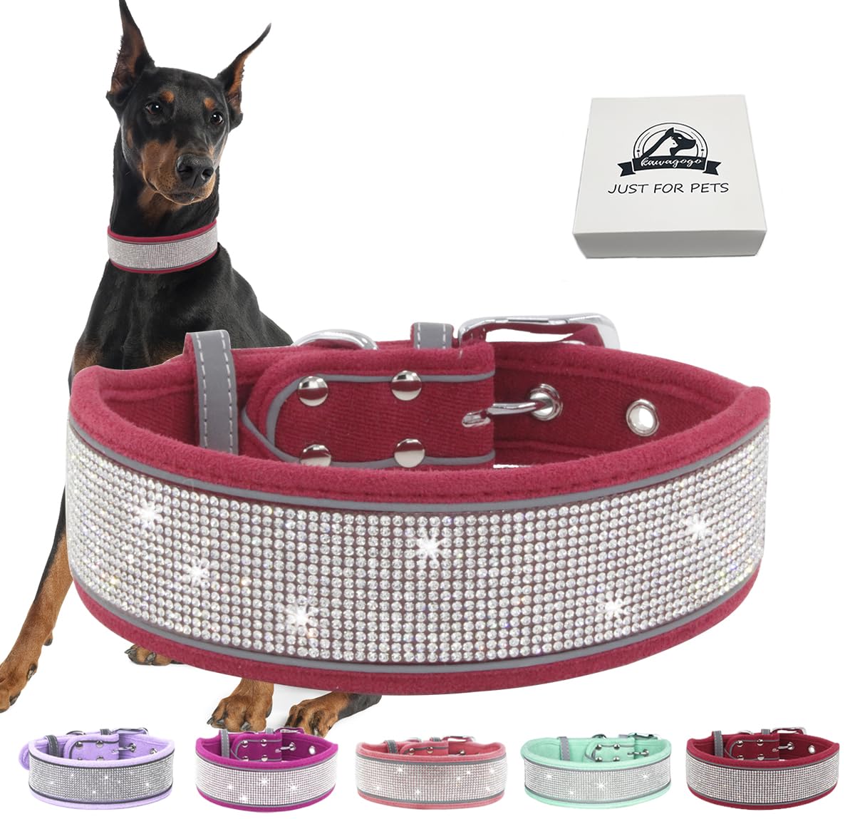 Kawagogo Bling Diamond Dog Collar for Females Girls,Soft Velvet Leather with Fancy Sparkly Crystal Rhinestones,Reflective Stripe,Suit Medium Large