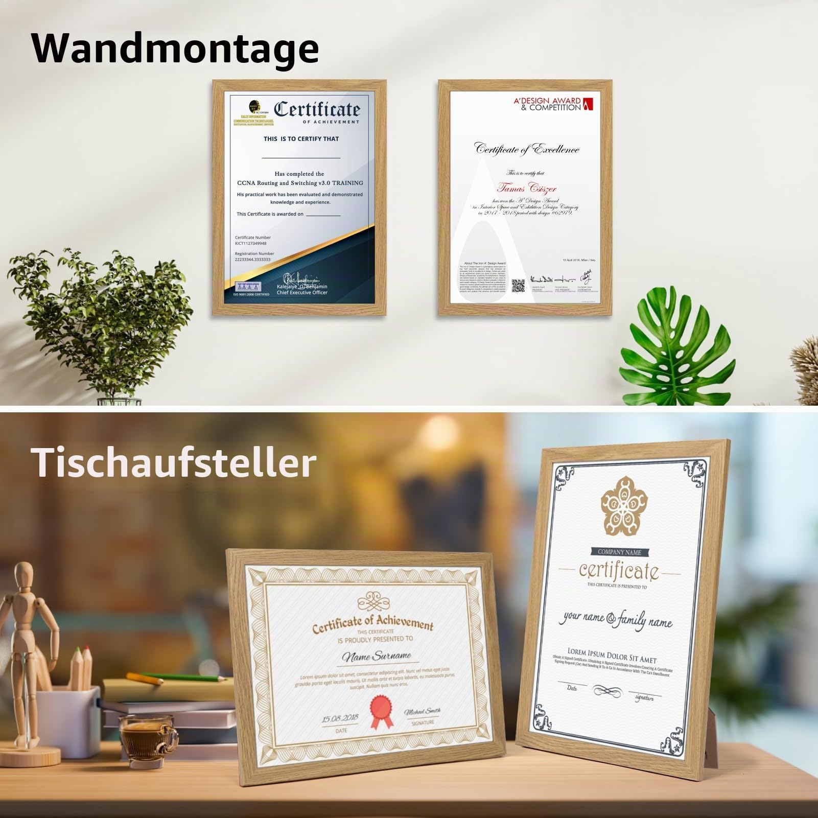 Bilderrahmen A4 (21x29,7cm) 15er-Set, ideal für Zertifikate und Dokumente, Naturholzfarbene Bilderrahmen für Wand- und Tischaufstellung