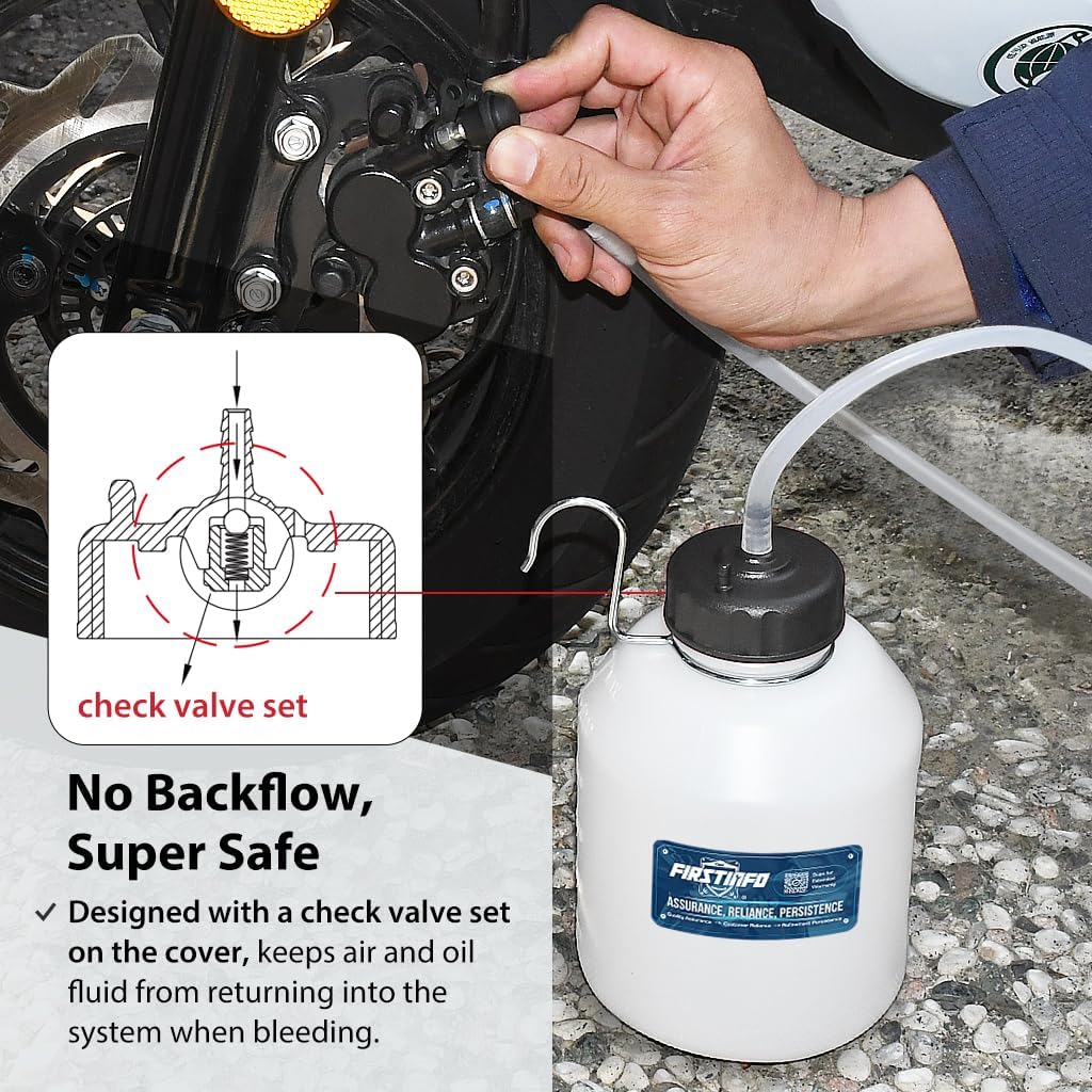 FIRSTINFO Brake Service Brake Fluid Bleeder Bottle/Receiver with Non-Return Check Valve + Hook Fixed (33 Oz / 1 Liter/Stability Type)