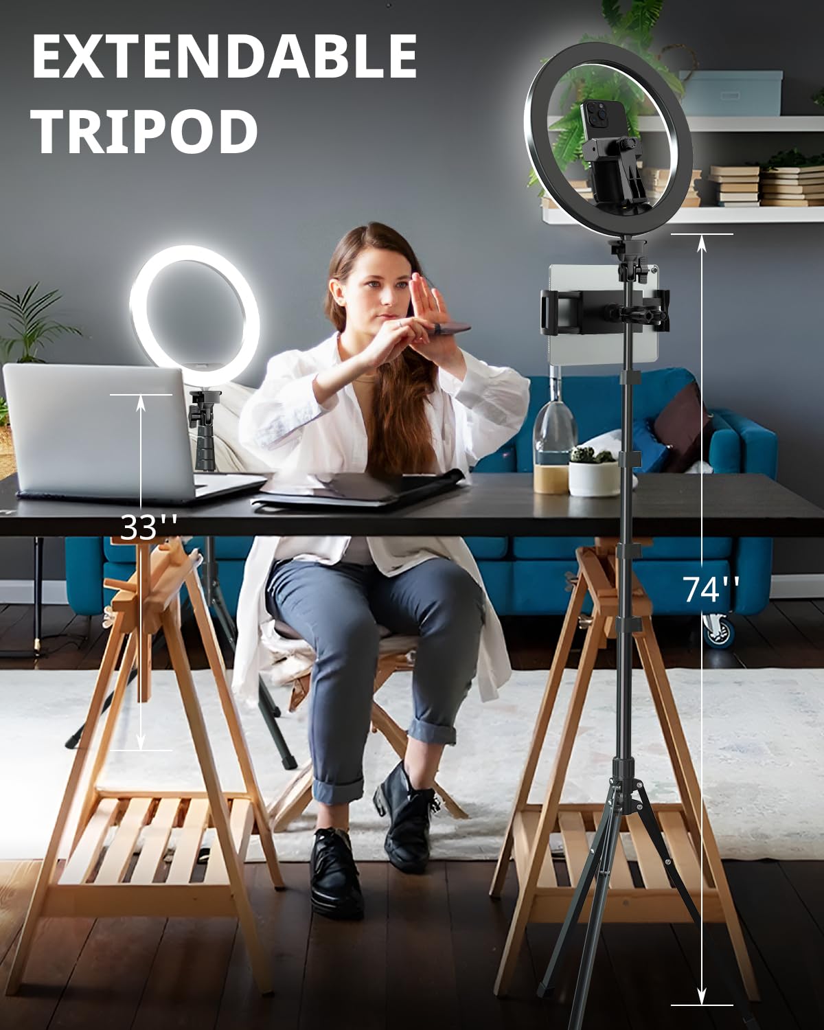 UBeesize Anneau lumineux de 30,5 cm avec trépied extensible de 188 cm et iPad, support de téléphone, lumière circulaire LED avec téléphone, support de tablette pour enregistrement vidéo, photographie,