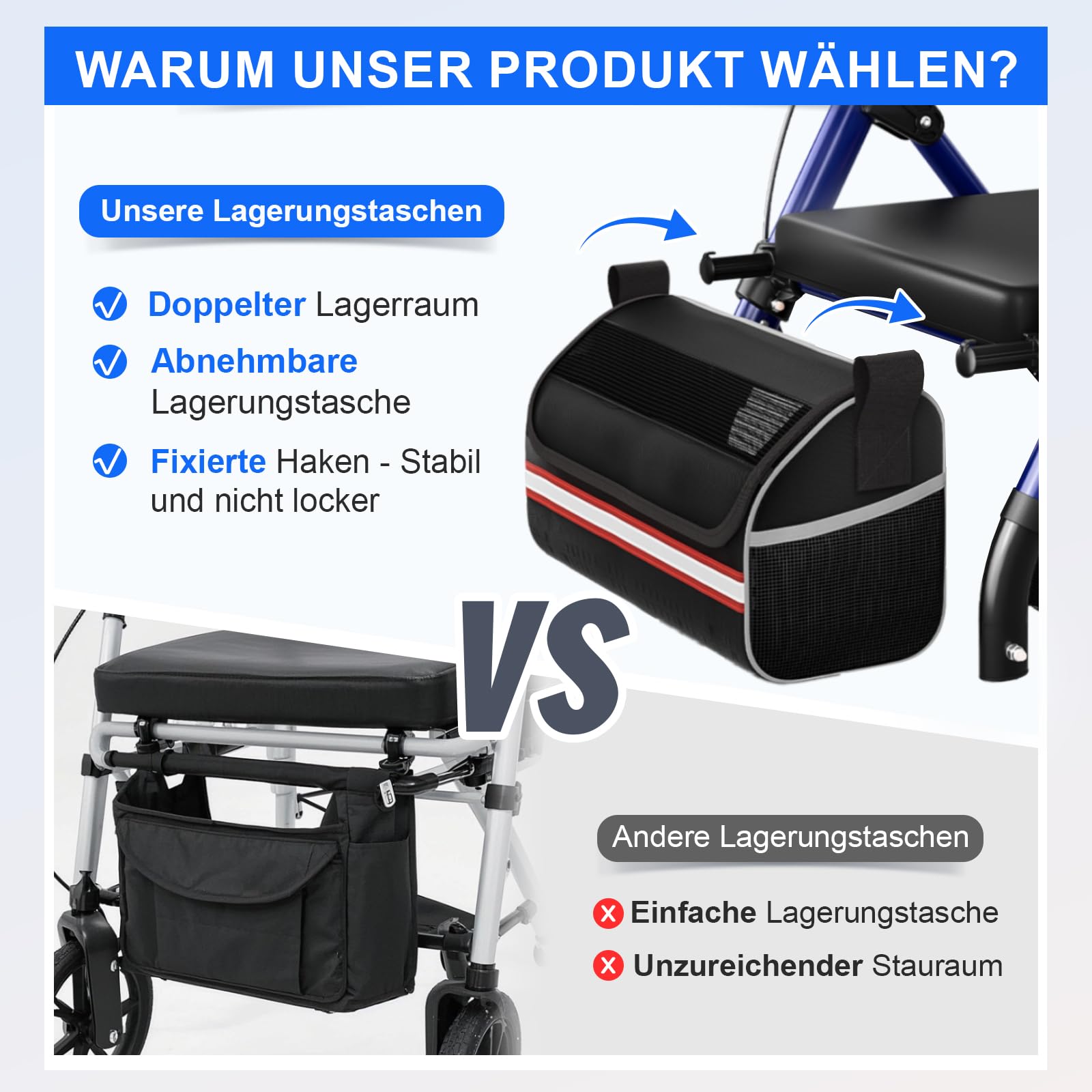Andador plegable y ligero con asiento, andador para personas mayores de hasta 160 kg, con ruedas de 8 pulgadas y dirección de 360°, altura regulable en 6 posiciones, adecuado para uso diario
