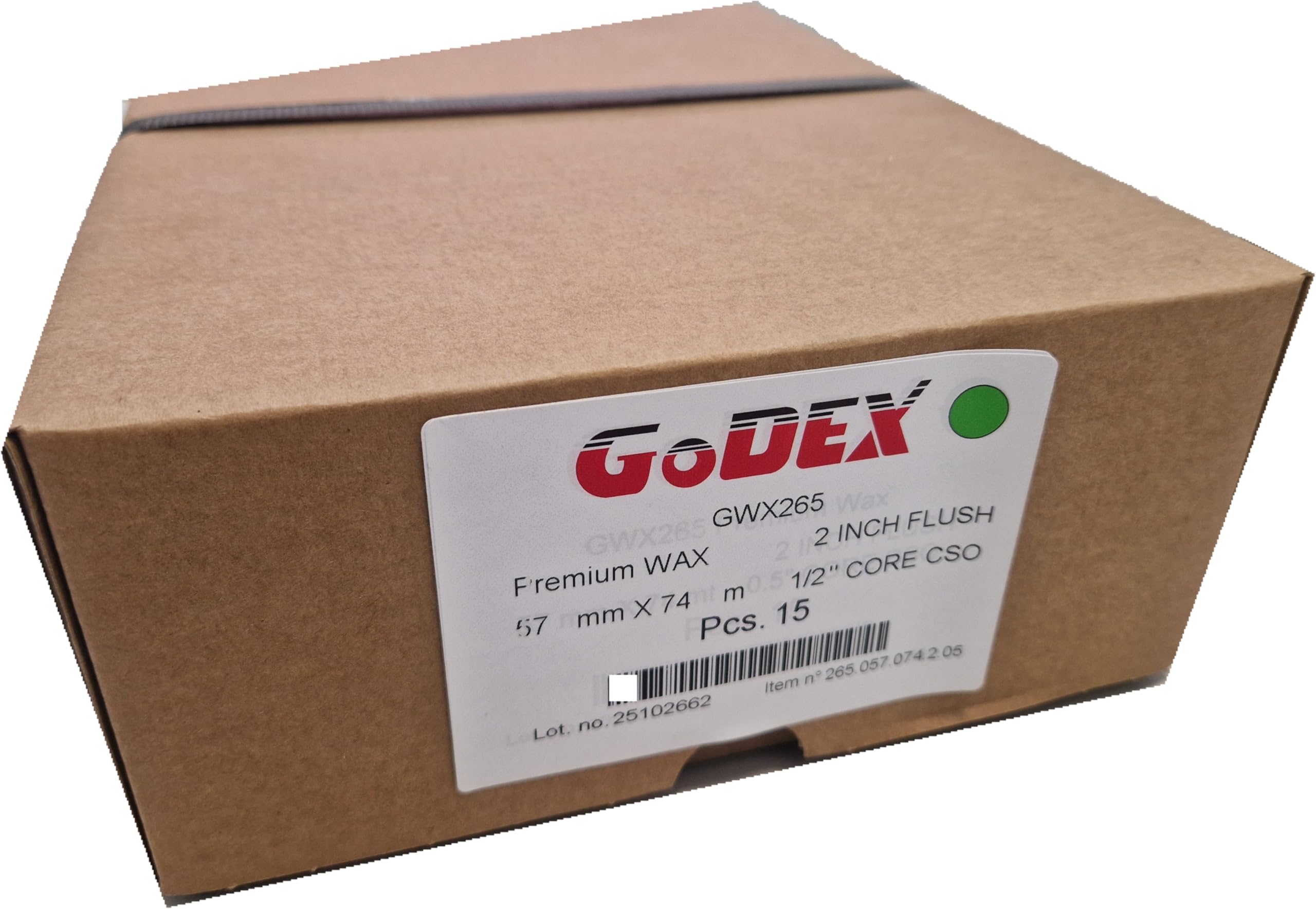 Ribbon Cera Transferencia Térmica 57mm x 74m – Pack 15 Rollos – Mandril 12,5 mm – OUT (Tinta Exterior) – para Impresoras 2" Godex RT200/RT230, Zebra TLP2824, TSC, Citizen y Más