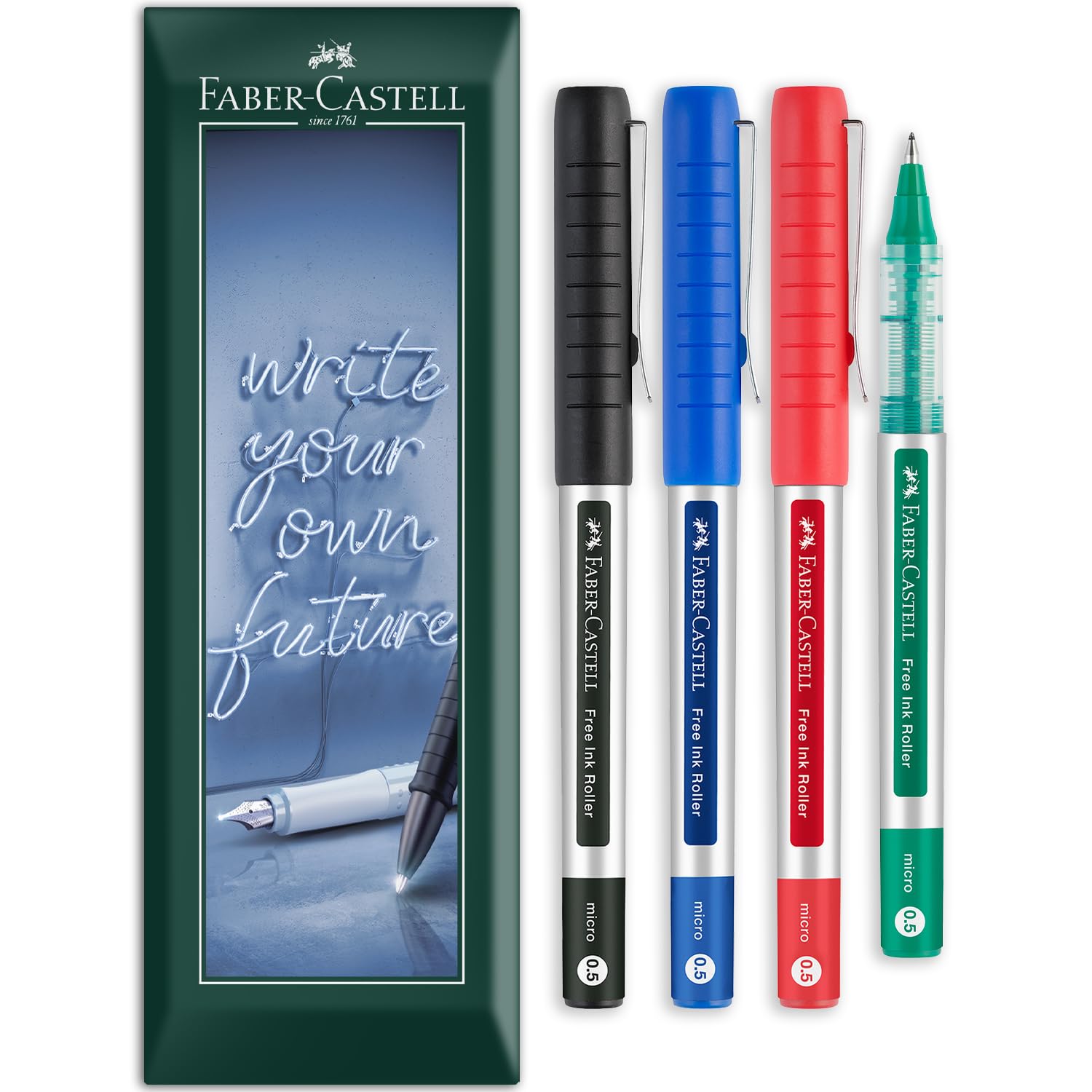 Faber-Castell Free Ink Roller Pen - 0.5mm Micro Nib - Envelope Gift Pack of Rollerball Pens - Stationery for Office, Work, Home etc - Pack of 4 (Mixed)
