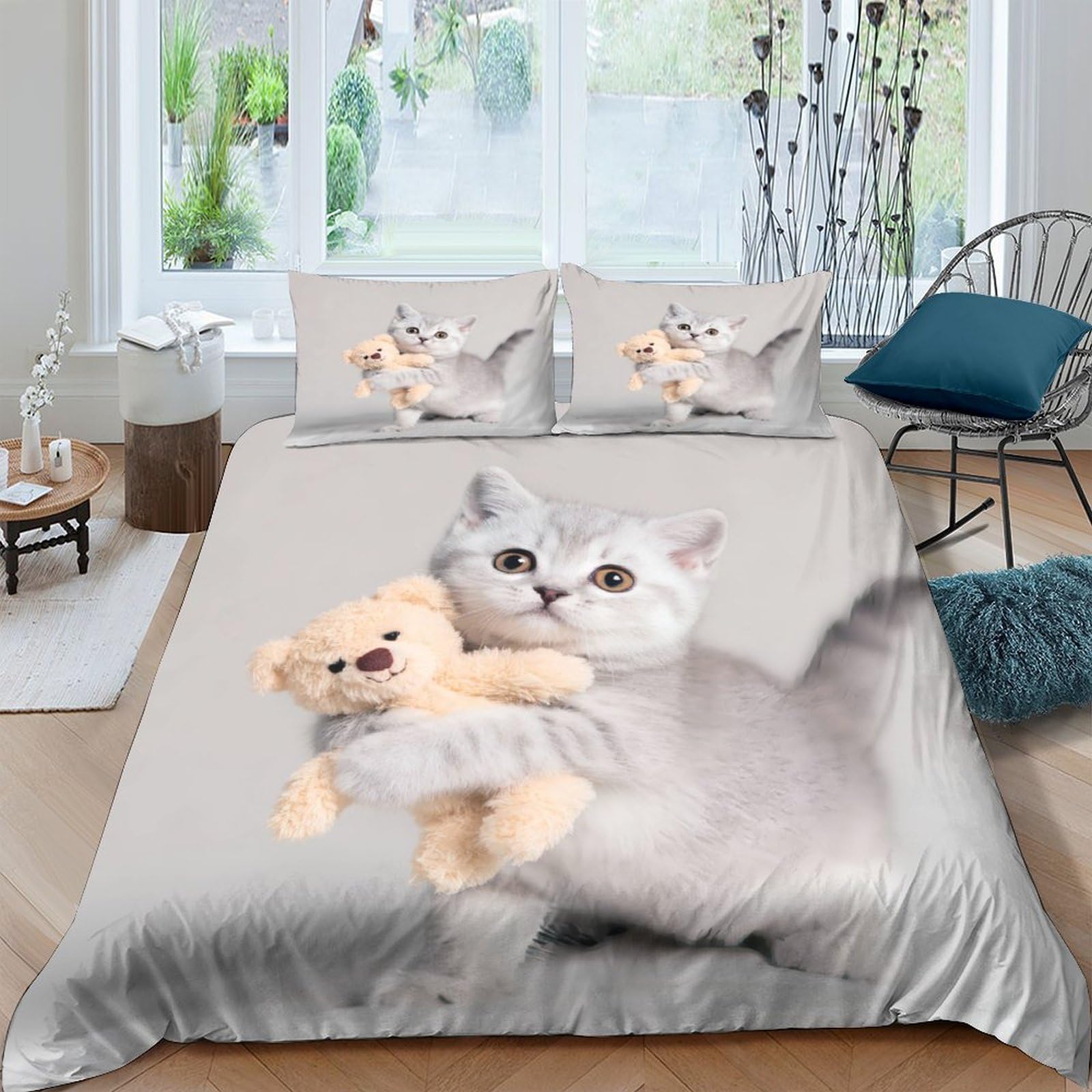 GPLZQXKJNH 3D Printed Grey Cat Teddy Bear Duvet Cover Microfiber Soft Breathable Animal Bedding Set with 2 Pillowcases for Bedroom Decor Single（135x200cm）