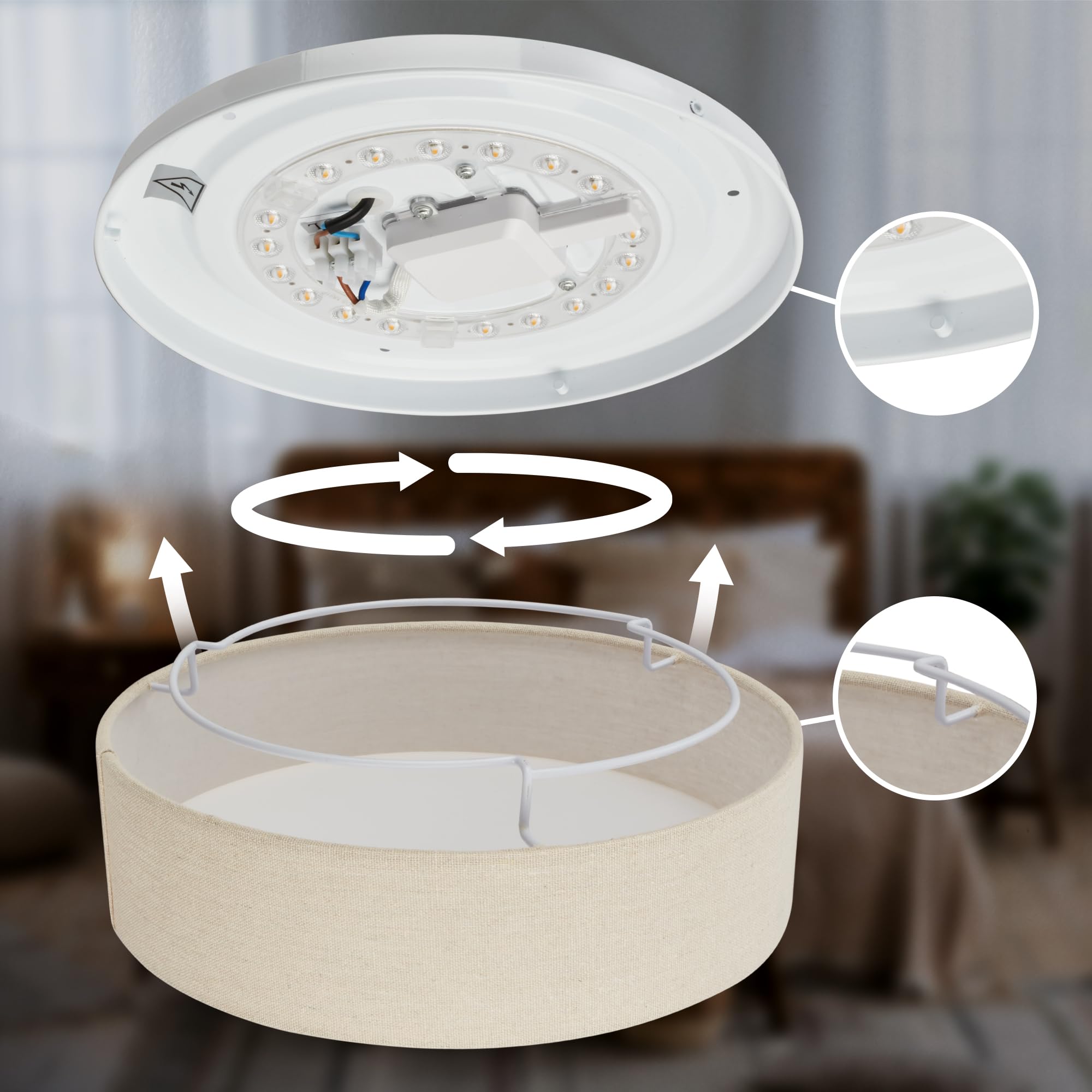 Briloner - Lámpara techo LED con pantalla de tela, 24 W y 2600 lm, luz blanco cálido, plafon LED, lamparas de salón, lampara dormitorio, luz techo salón, 38 x 10,5 cm, Beige