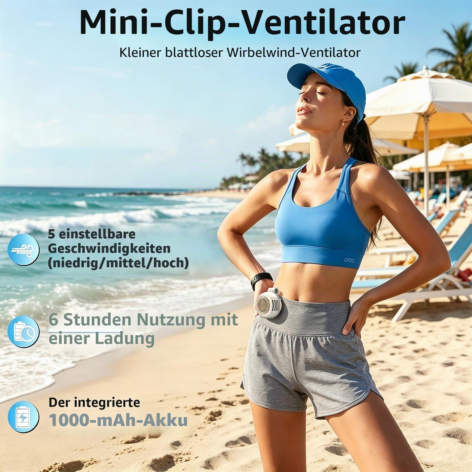 Clip-On-Ventilator, tragbar, 5 Geschwindigkeiten, blattlos, kleiner Clip-In-Ventilator mit 360° Drehung, Digitalanzeige, 6 Stunden Laufzeit, USB-C-Ladung für Kleidung, Gürtel, Kinderwagen