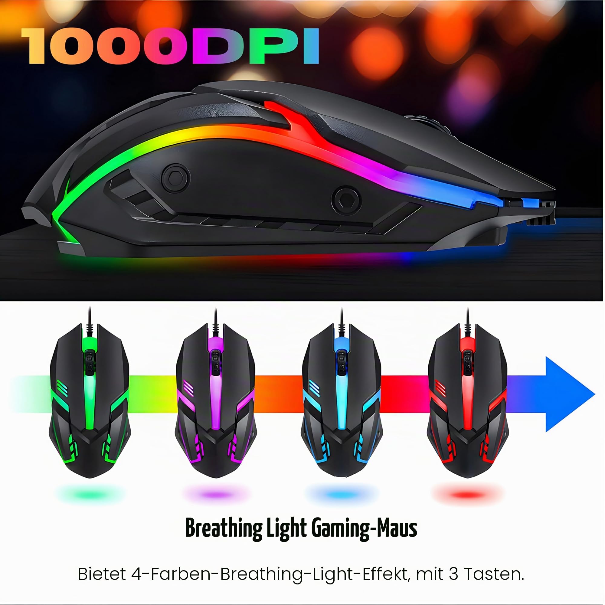 Gaming Tastatur Maus Headset Set mit Mousepad 4 in 1 RGB Gaming Combo Set für PC Gamer, RGB Beleuchtete Tastatur, 4 Farben LED Gaming Maus, 3,5-mm-Gaming-Kopfhörer