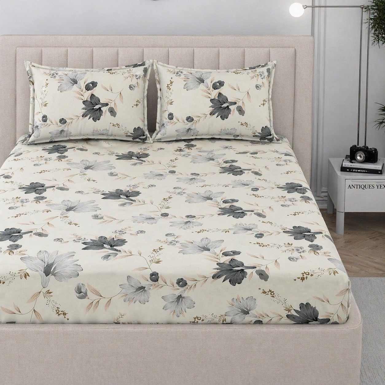 VASHEK 380 TC Premium Glace Cotton Elastic Fitted Bedsheet King Size with 2 Pillow Covers King Size | Double Bed with All Around Elastic (WhiteBOSS, Fitted - 72"x78" King)