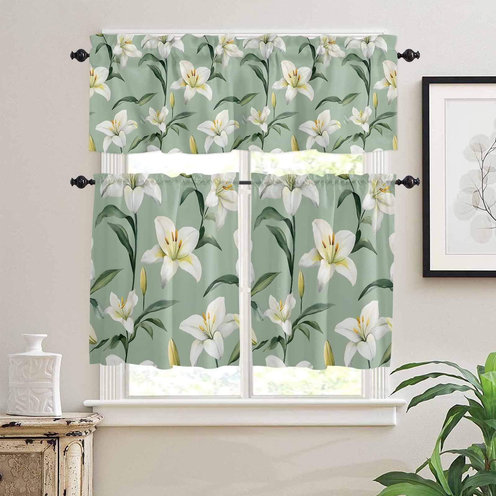 Sage Green Flowers Kitchen Curtains 36 Inch Length, 3 Piece Rod Pocket Small Half Tiers and Valance Set, Spring Floral Botanical Small Large Window Treatment Decor for Bedroom/Bathroom Sink