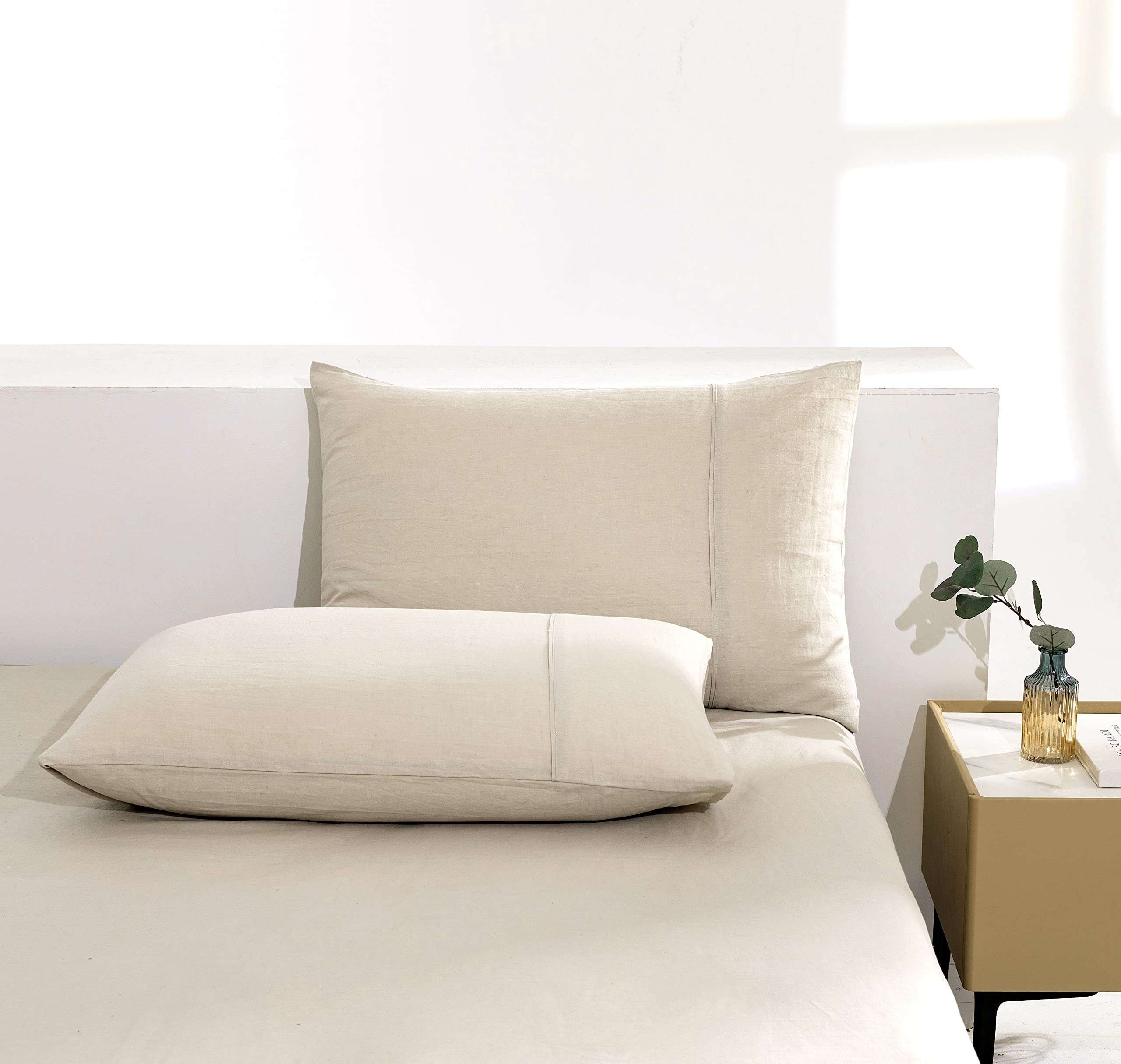 TUMEI 100% Linen Pillow Cases King, Set of 2 King Size Linen Bed Pillow Shams Cover Washed Solid Color Natural Flax Soft Breathable, (35.83"×20.08")