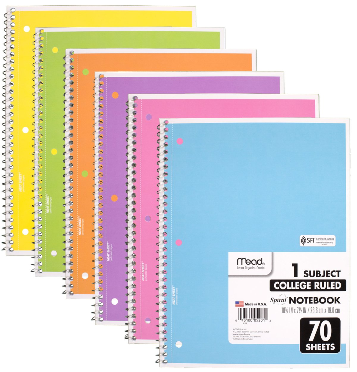Mead Spiral Notebook, 6 Pack of 1Subject College Ruled Spiral Bound