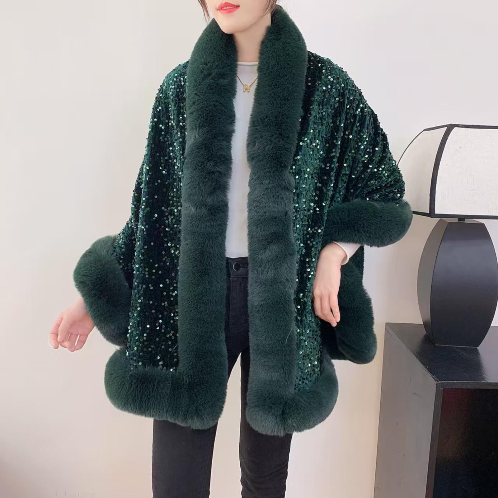 Châle en fausse fourrure à paillettes pour femme, élégante cape poncho ouverte sur le devant, châles et étoles pour robes de soirée