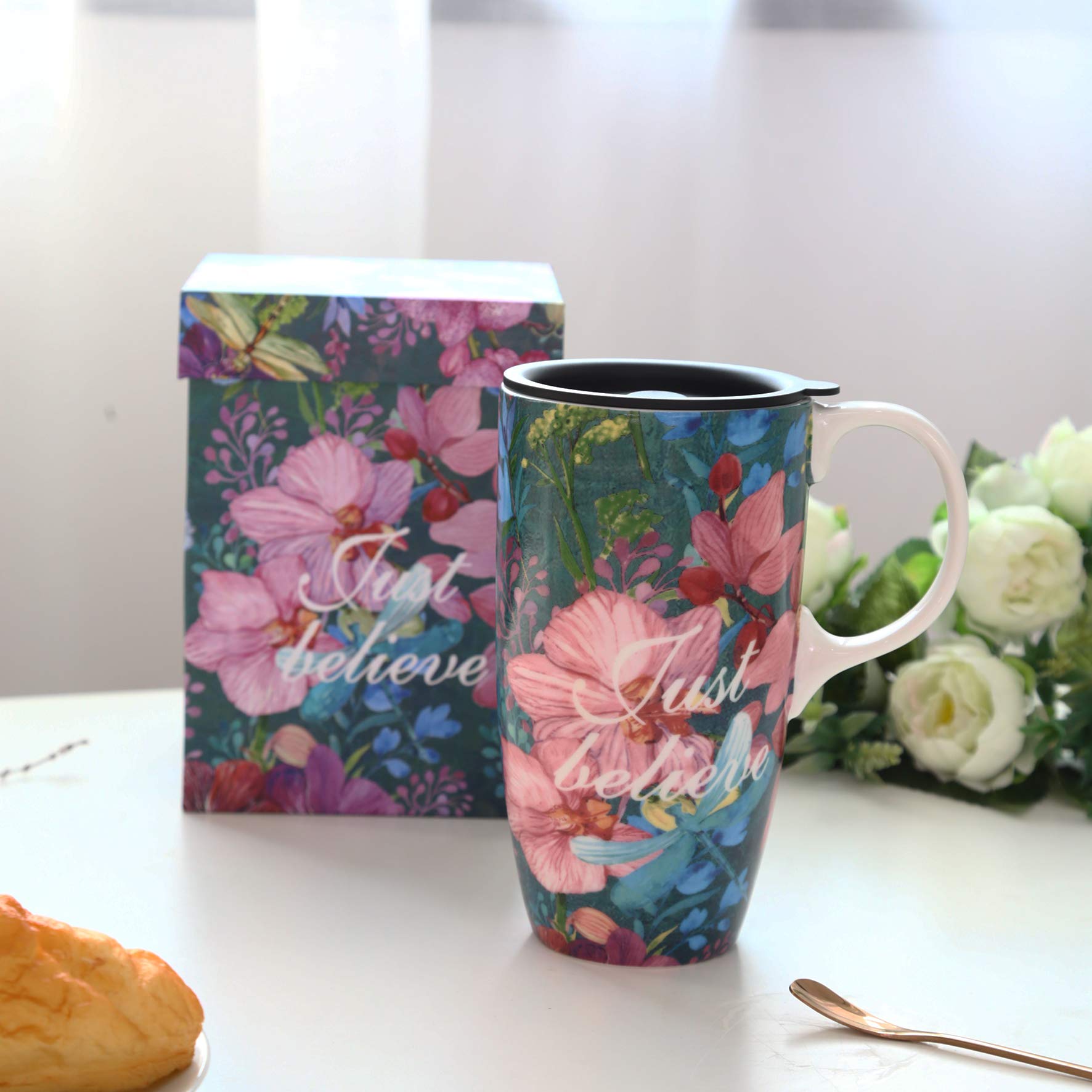 DUSVALLY Ceramic Mug Tall Coffee Cup with Lid, Handle and Gift Box Latte Mug,17oz Mug,Flower and Just Believe