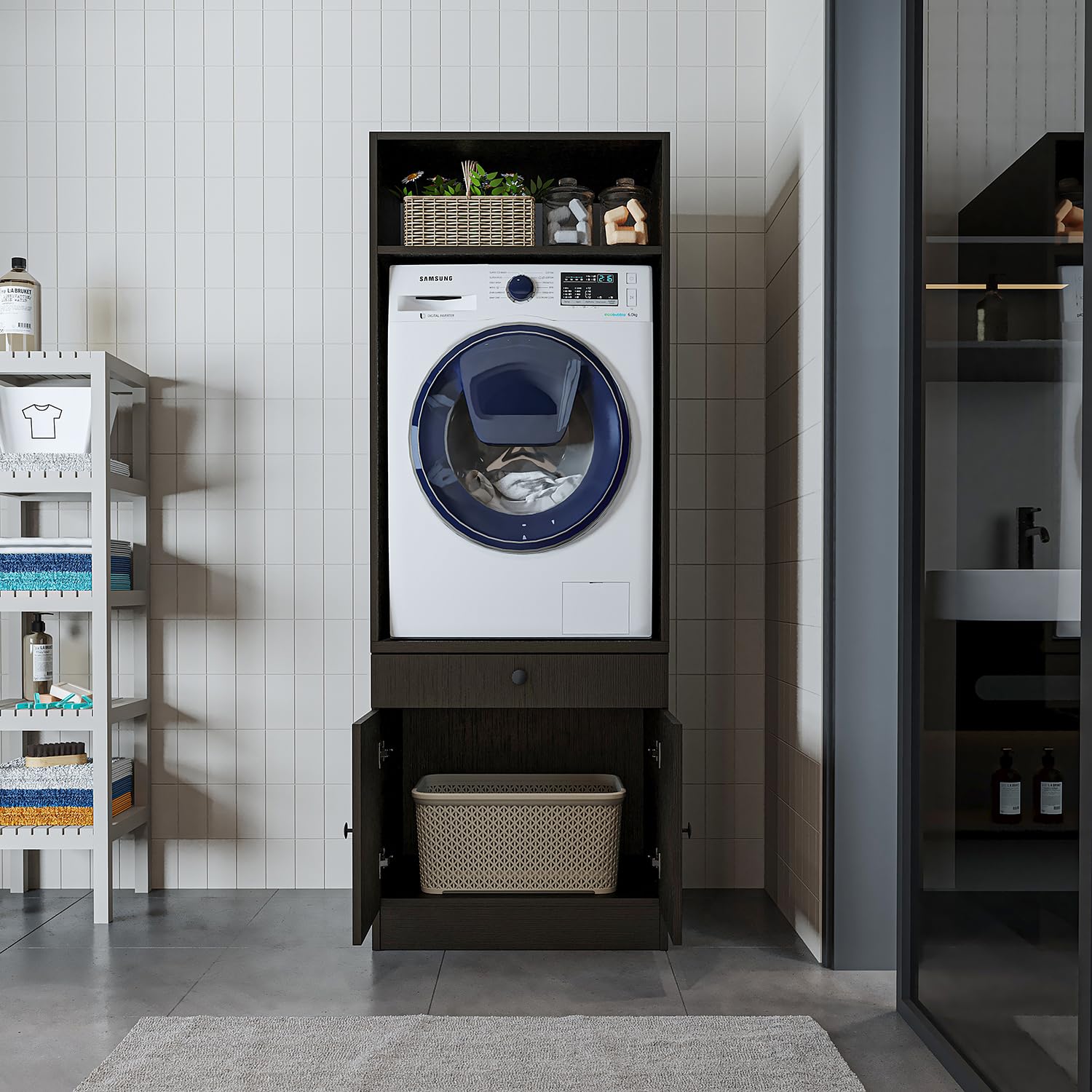 ROOMART Armoire de machine à laver avec plateau coulissant - Peu encombrante - Pratique - Idéal pour la buanderie (chêne noir, 1 armoire - 184 cm de haut)