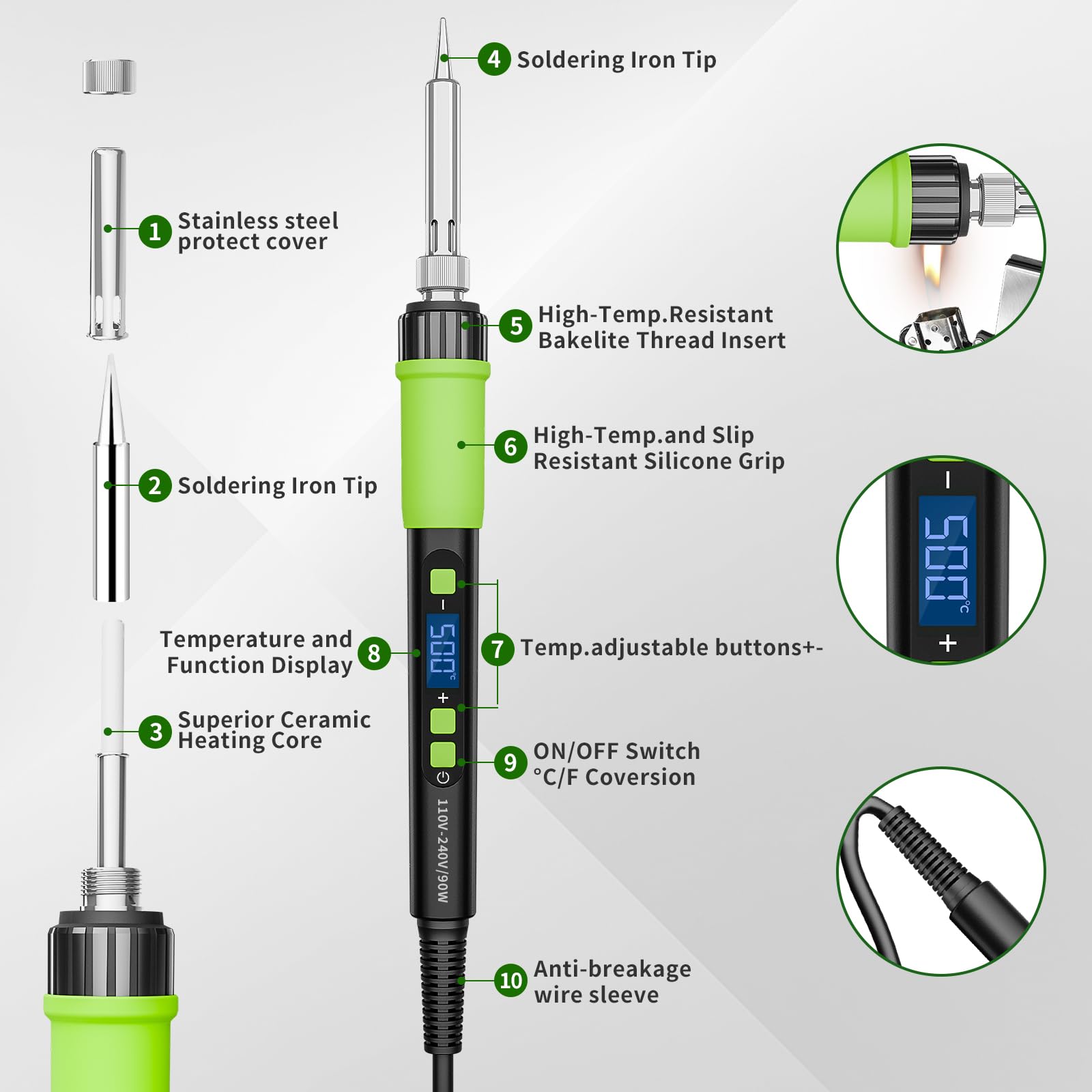 Fer à Souder Etain de Précision, Température Réglable 180~500℃, Fonction Veille Automatique, Fer a Souder Set avec 5 pointes, fil à souder, Support de fer, pompe à dessouder