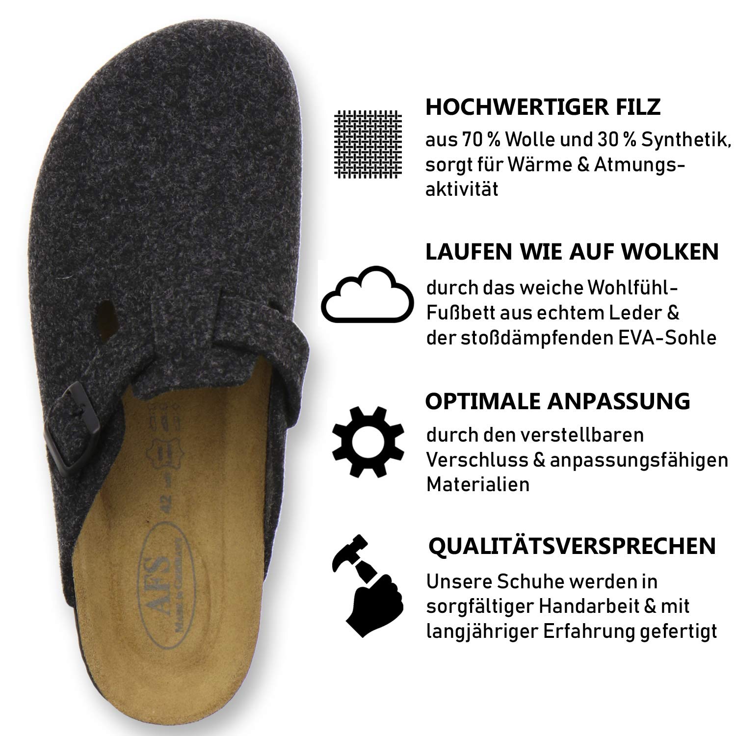AFS-Schuhe Clogs Herren, Hausschuhe geschlossen aus Filz, bequem & warm, Made in Germany, 36900