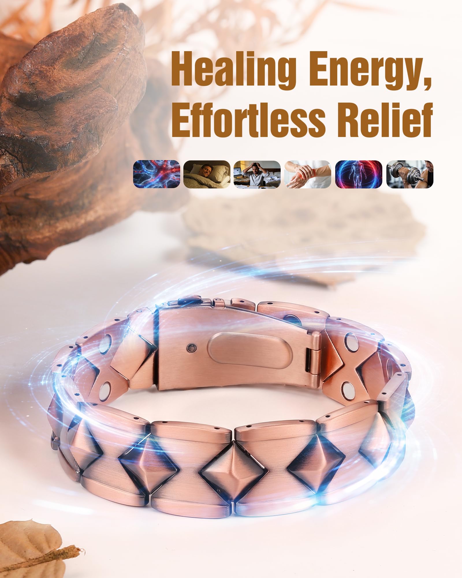 Jeracol Pulseras de cobre para hombre, 99% cobre puro, tamaño ajustable y caja de regalo de joyería (módulo geométrico)