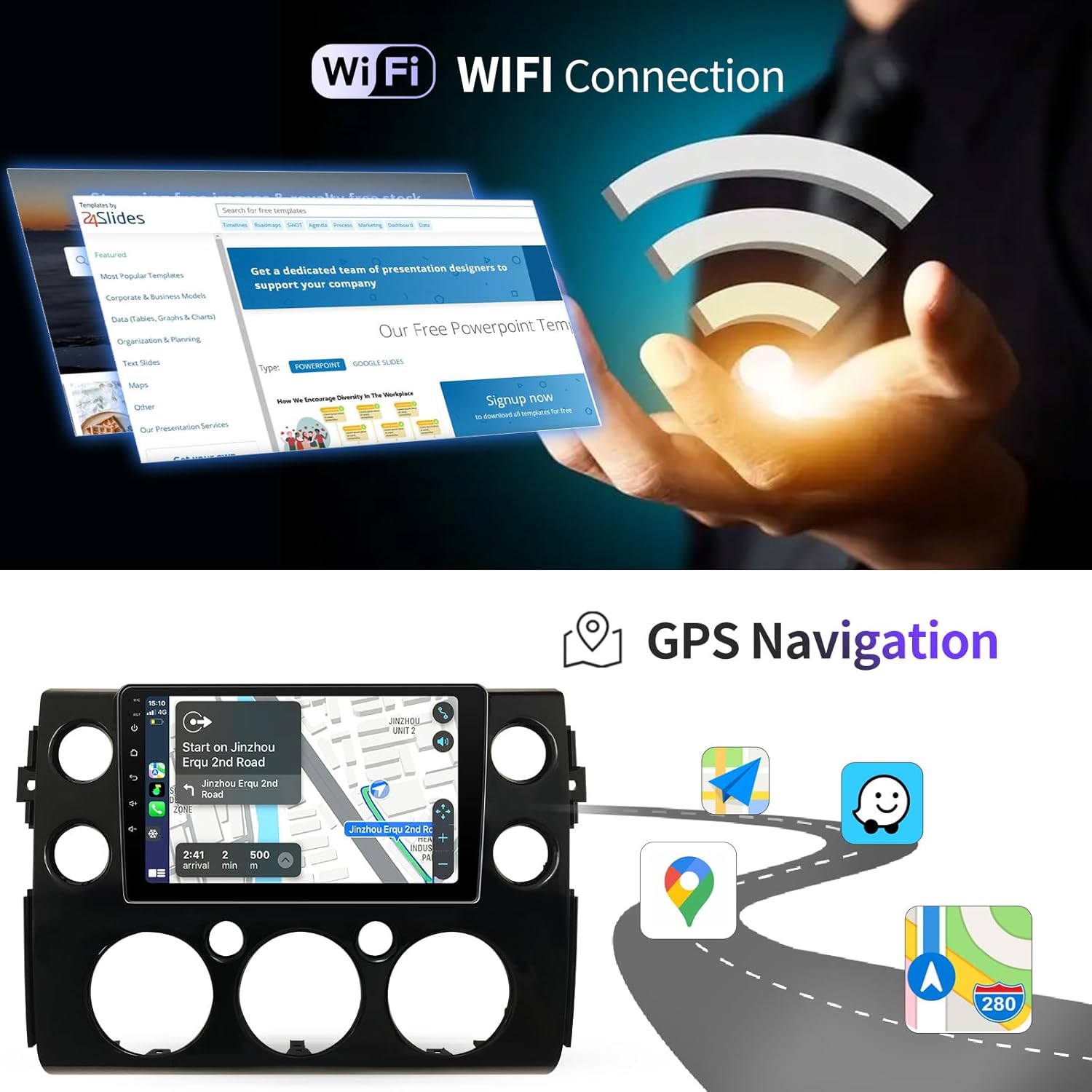 Wi-Fi connection and GPS navigation features of the car stereo