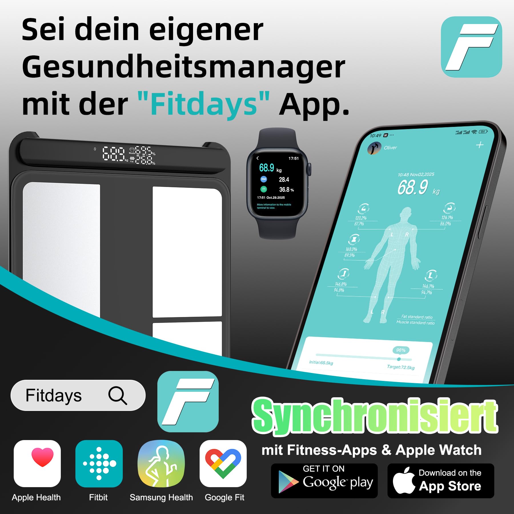 Körperfettwaage SEAWOW, Digitale Personenwaage mit 8 Elektroden, Waage mit Körperfett und Muskelmasse, BMI, Körperfett und Analyse von 28 Körperparametern, mit LED-Anzeige am einziehbaren Griff